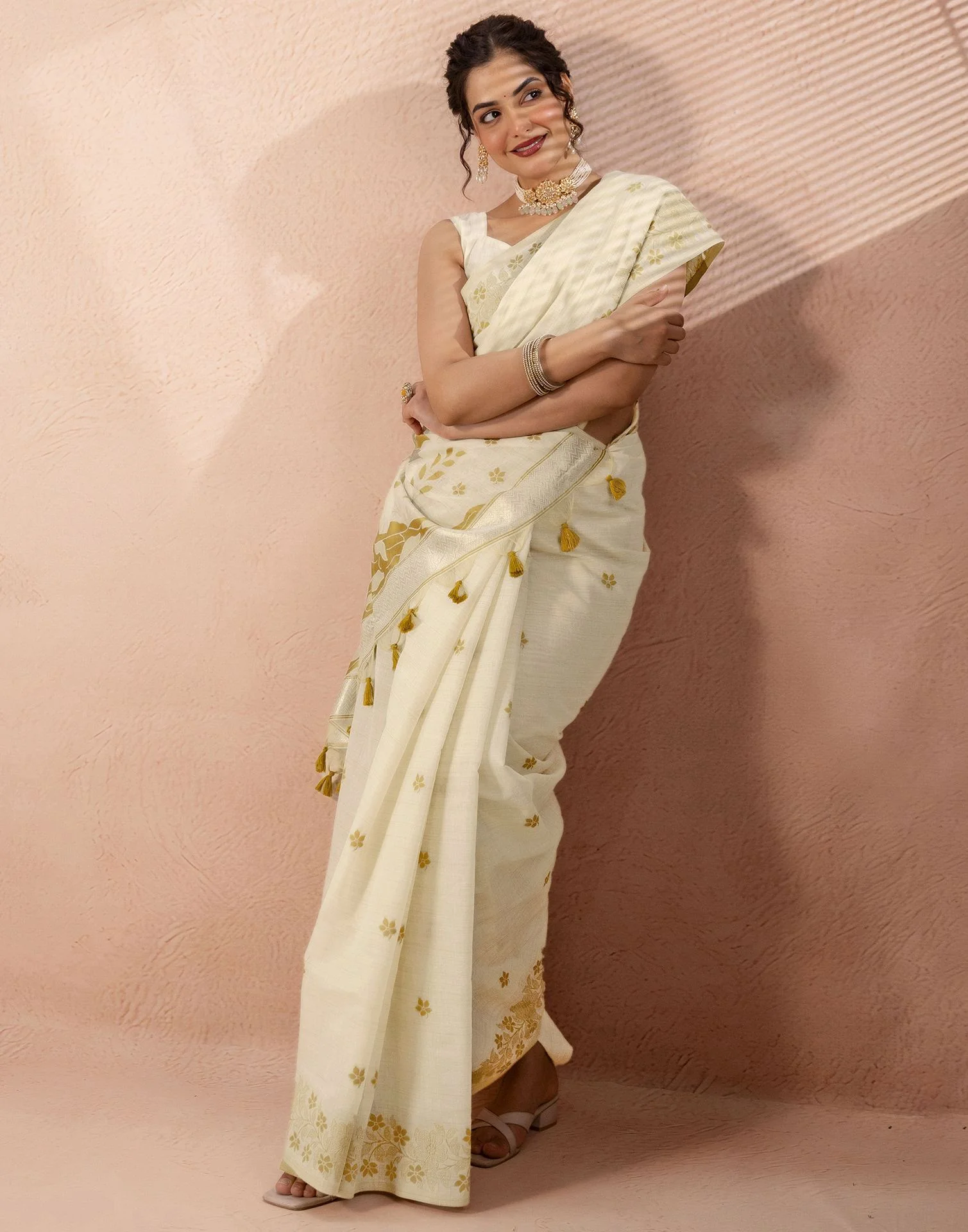 Beige Chanderi Cotton Woven Saree - Image 9