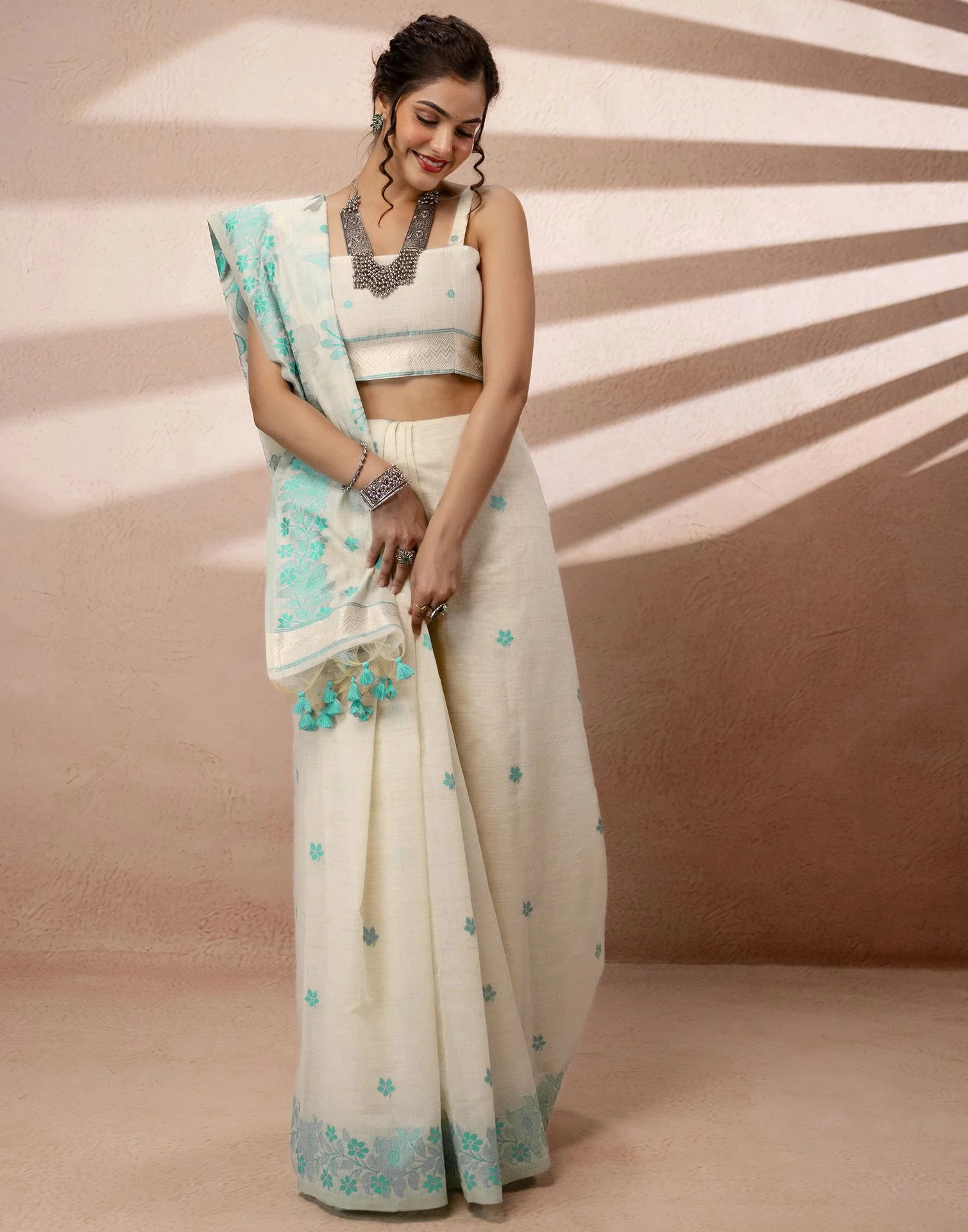 Beige Chanderi Cotton Woven Saree