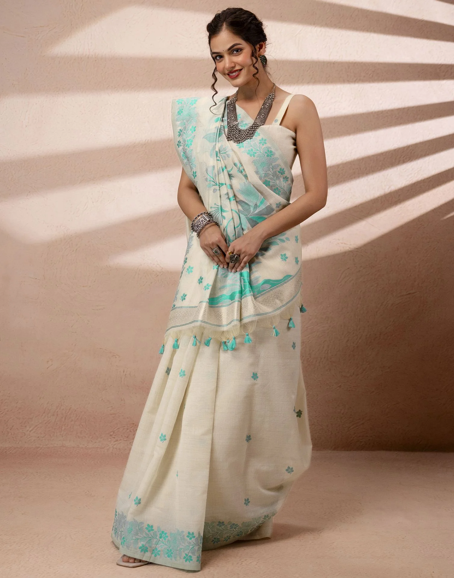 Beige Chanderi Cotton Woven Saree - Image 11