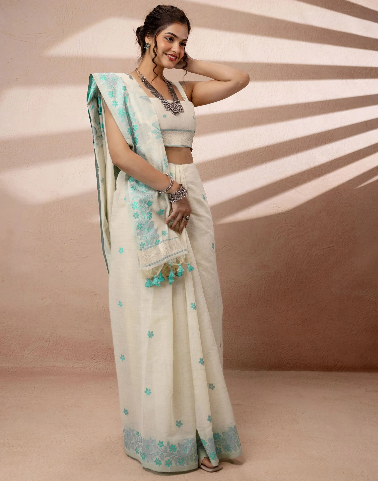 Beige Chanderi Cotton Woven Saree - Image 6