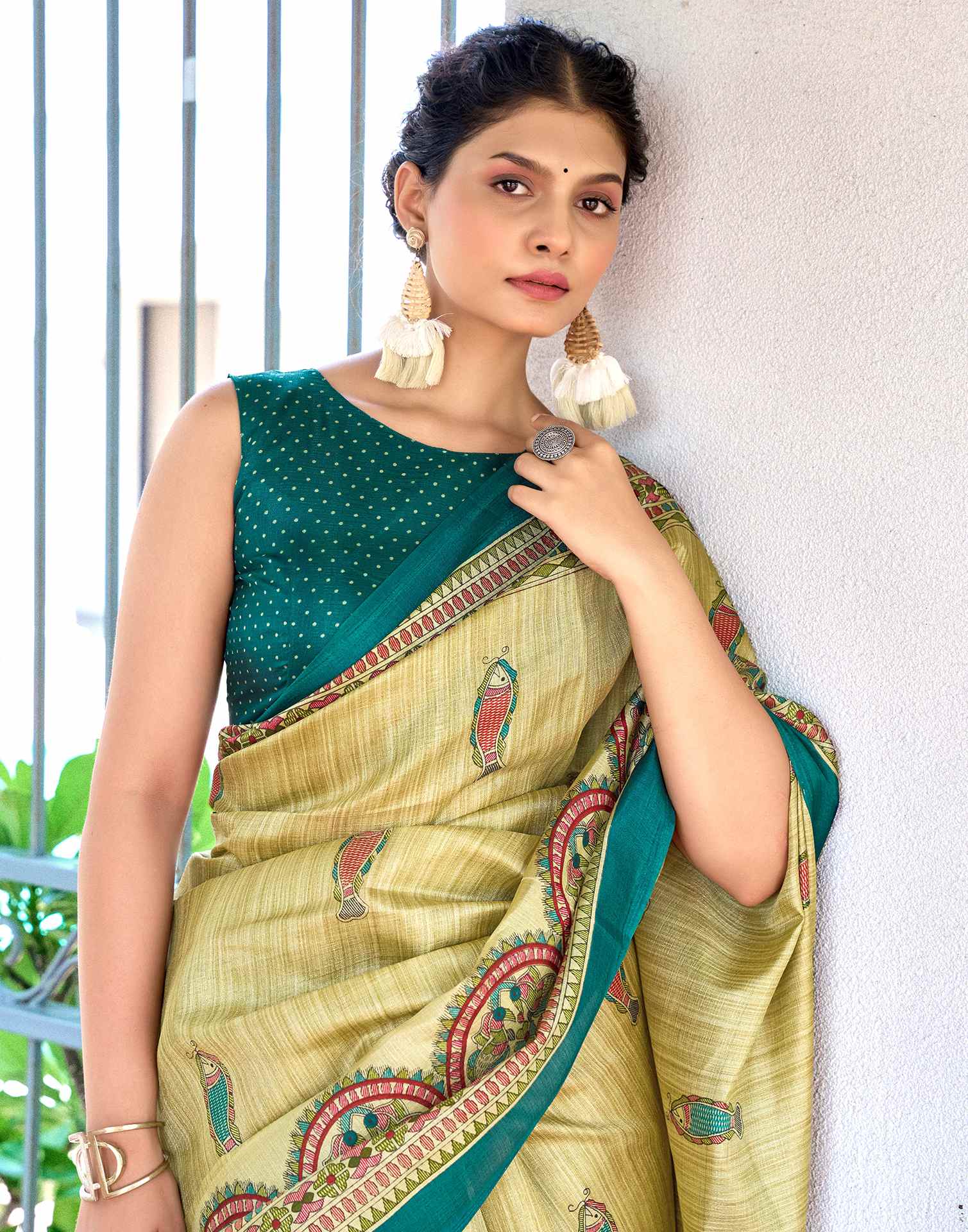 Beige Cotton Blend Madhubani Printed Saree - Image 2