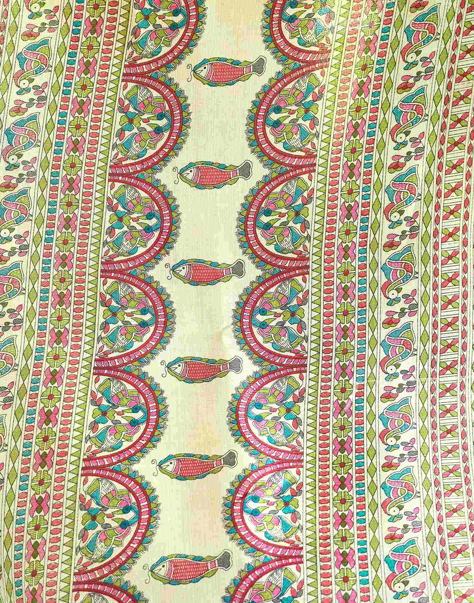 Beige Cotton Blend Madhubani Printed Saree - Image 7