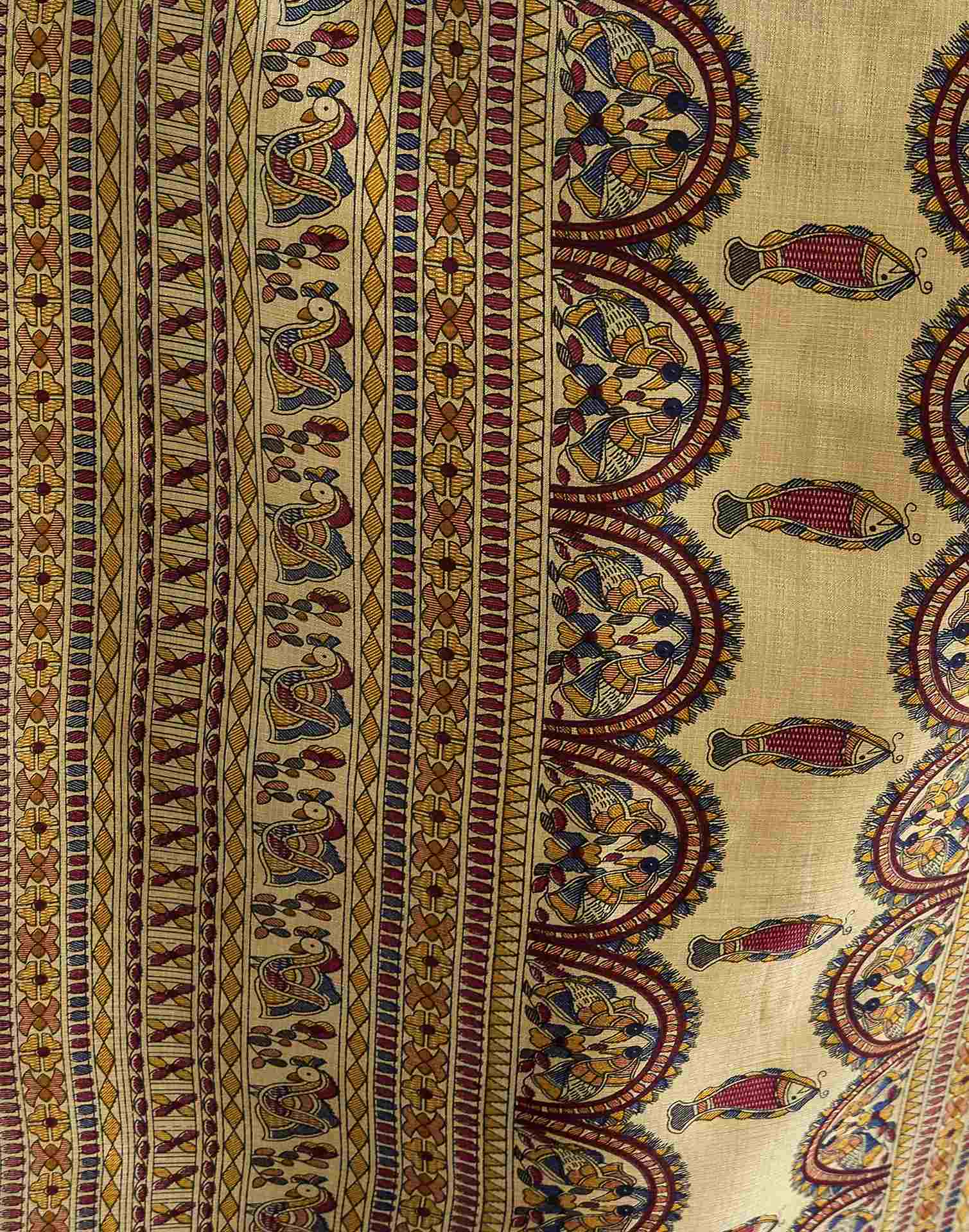 Beige Cotton Blend Madhubani Printed Saree - Image 7
