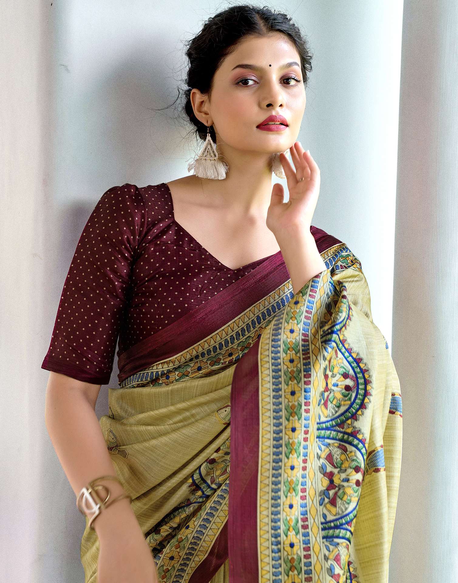 Beige Cotton Blend Madhubani Printed Saree - Image 2