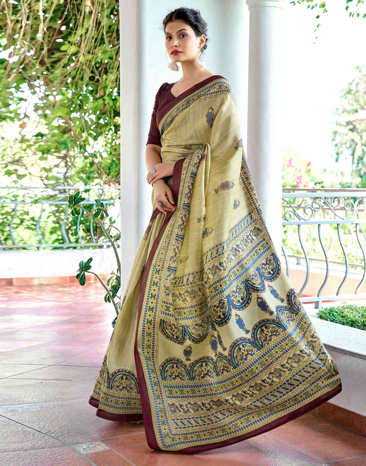 Beige Cotton Blend Madhubani Printed Saree - Image 5