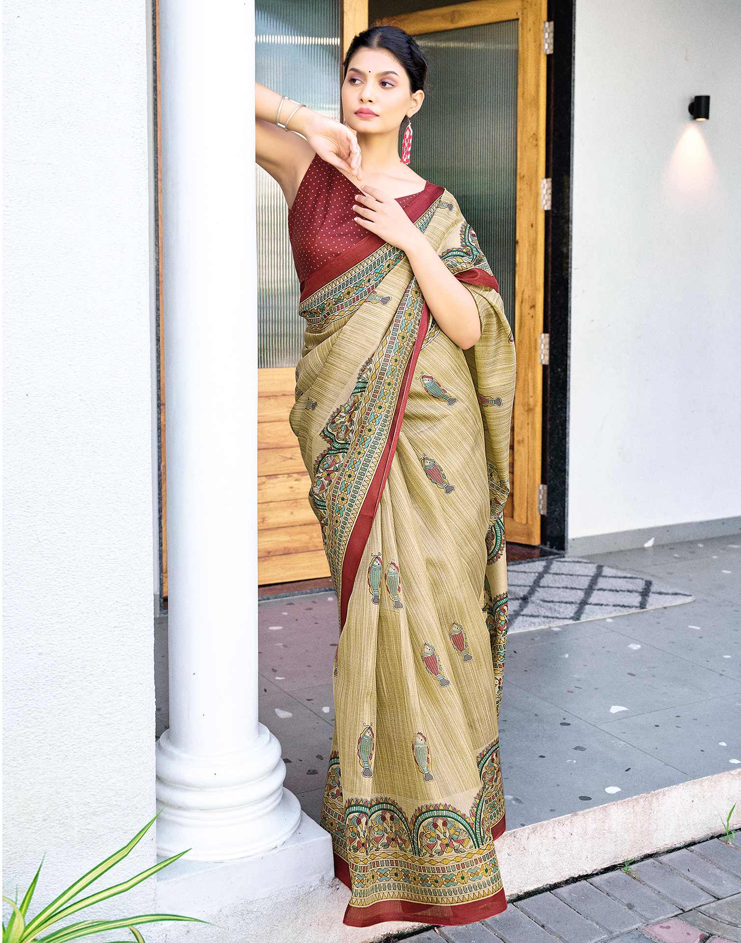 Beige Cotton Blend Madhubani Printed Saree - Image 5