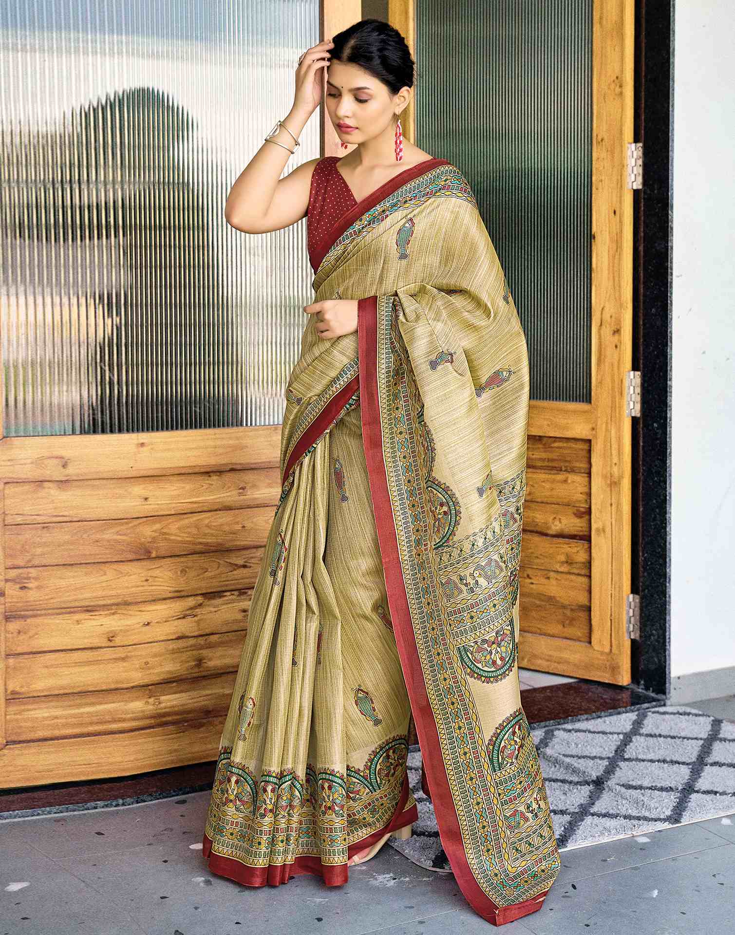 Beige Cotton Blend Madhubani Printed Saree - Image 6