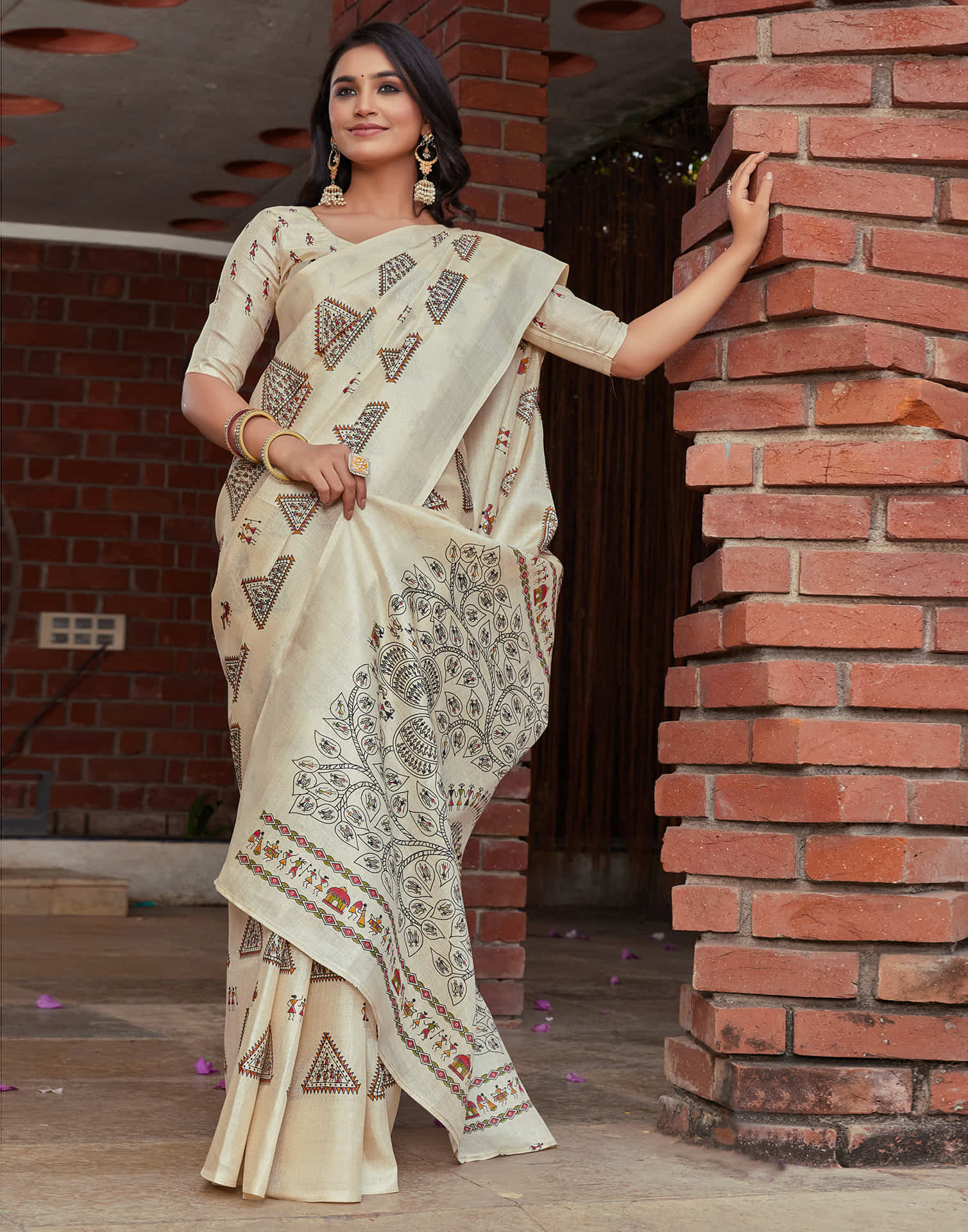 Beige Cotton Blend Warli Printed Saree - Image 5