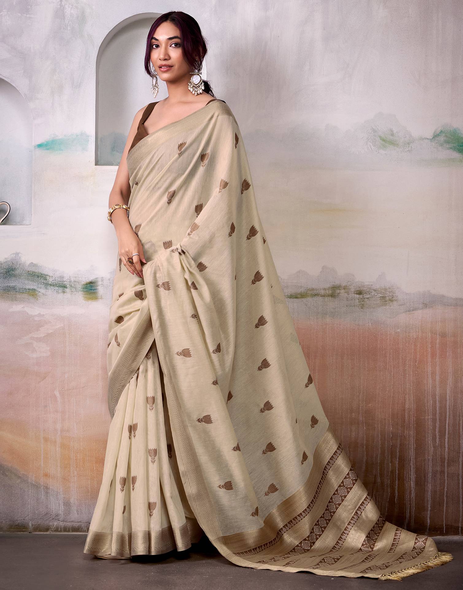 Tina Datta Beige Cotton Woven Zari Saree - Image 4
