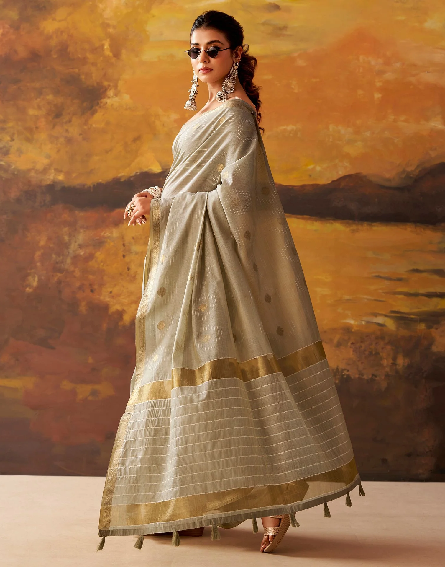 Beige Cotton Chanderi Woven Saree - Image 5