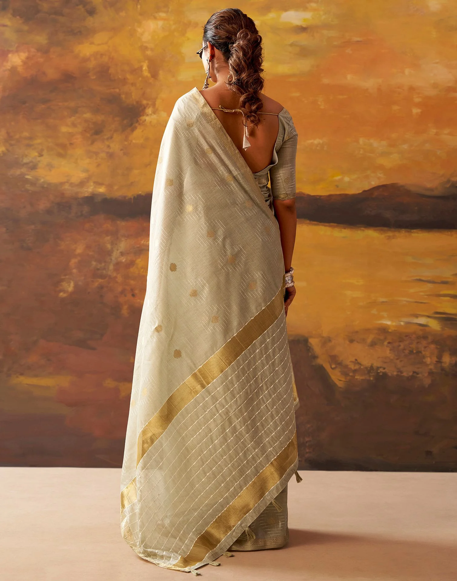 Beige Cotton Chanderi Woven Saree - Image 6