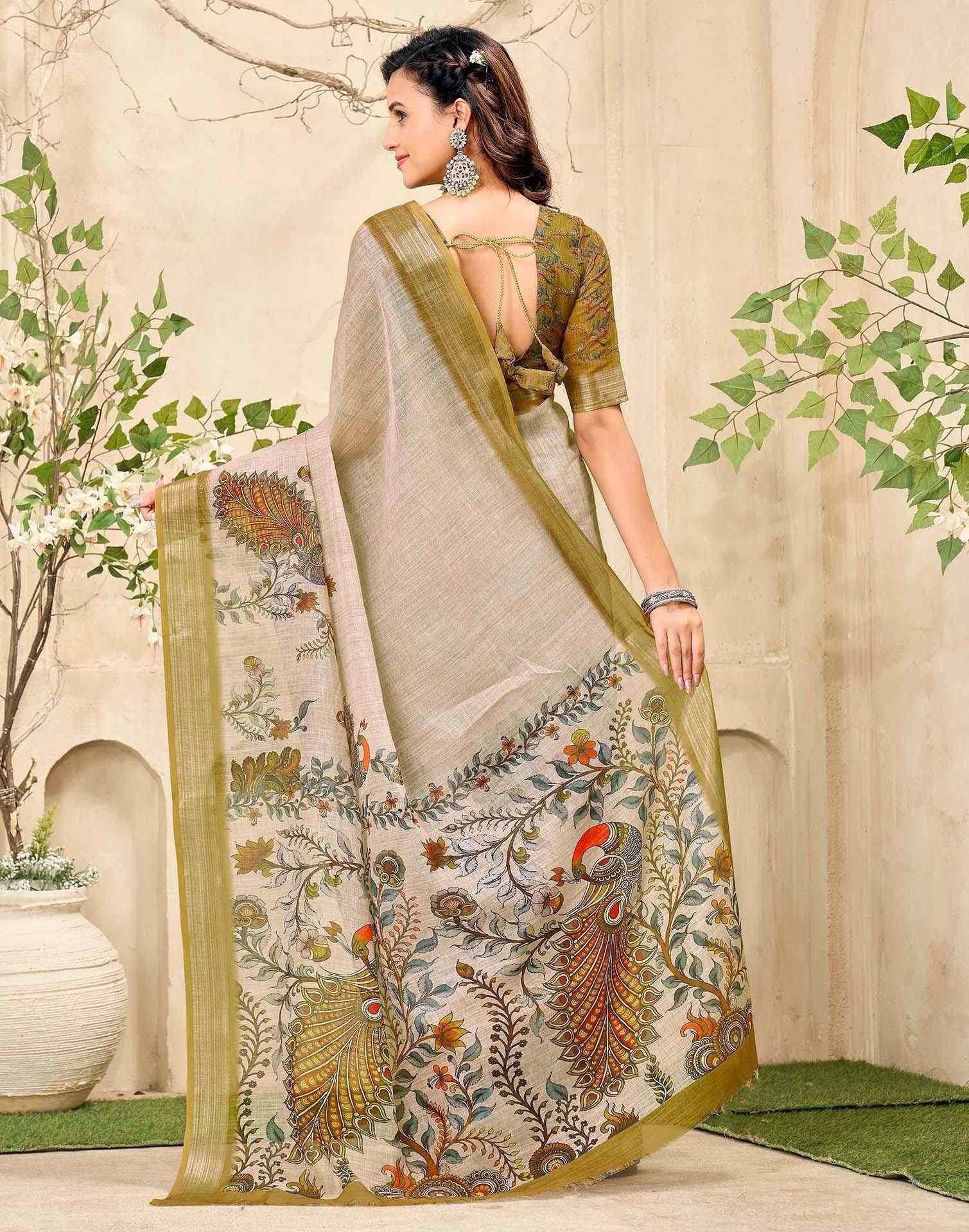 Beige Cotton Floral Printed Saree - Image 6