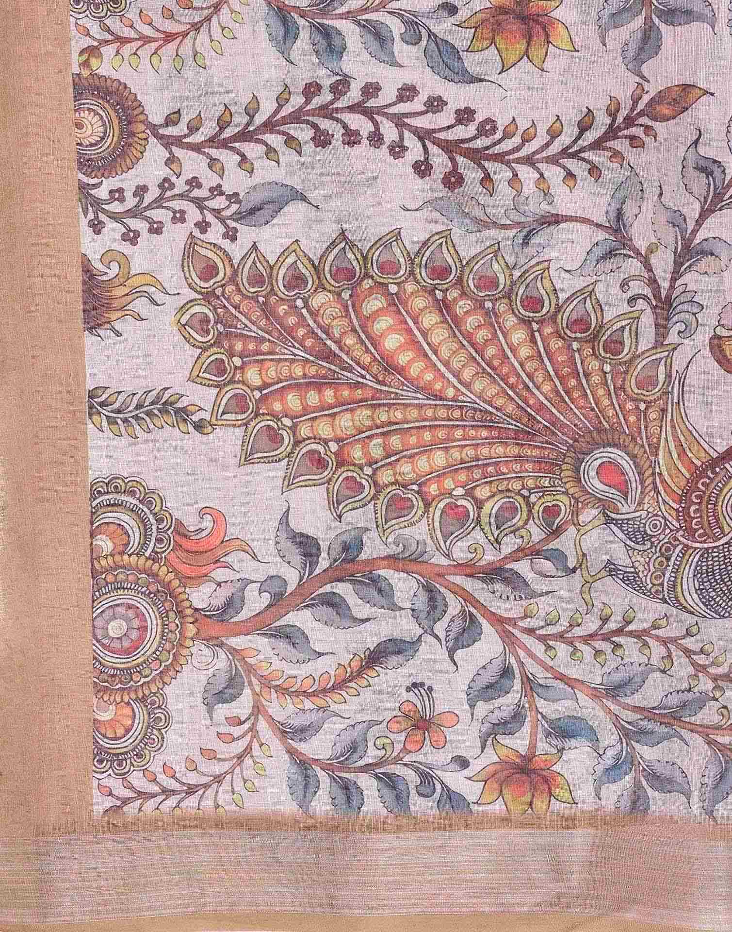 Beige Cotton Floral Printed Saree - Image 8