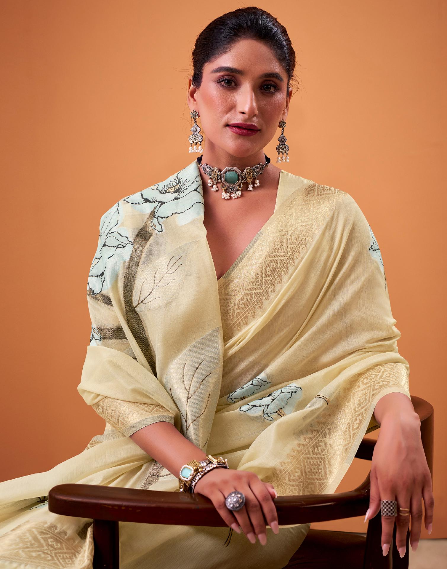Beige Cotton Floral Printed Saree - Image 2