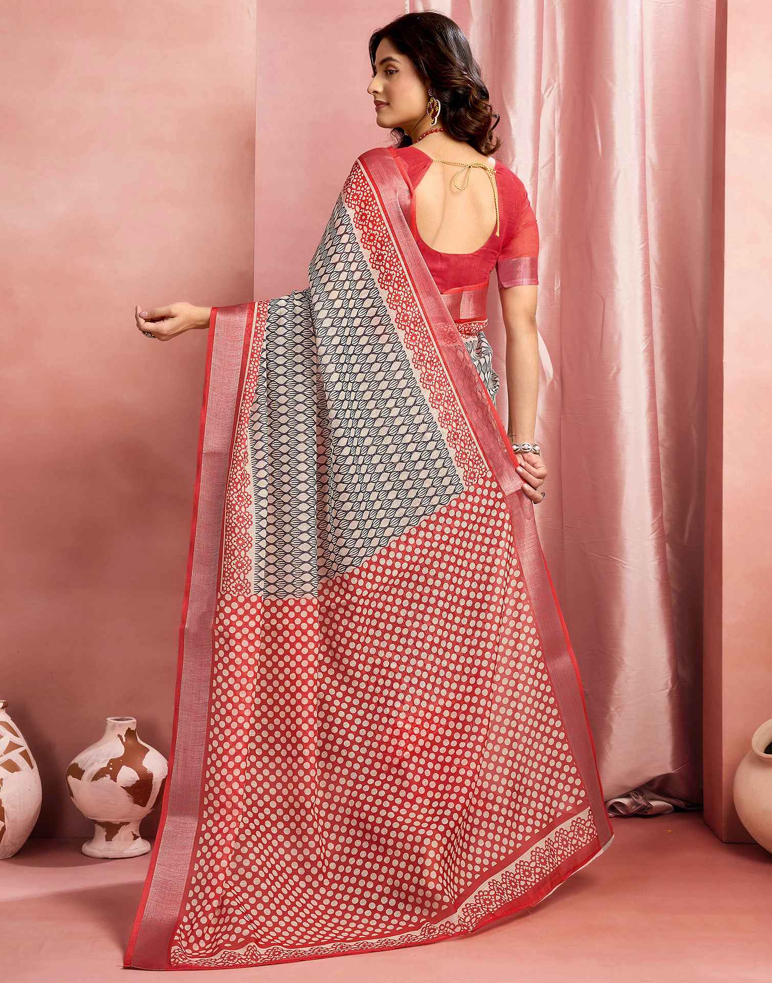 Beige Cotton Linen Printed Saree - Image 6