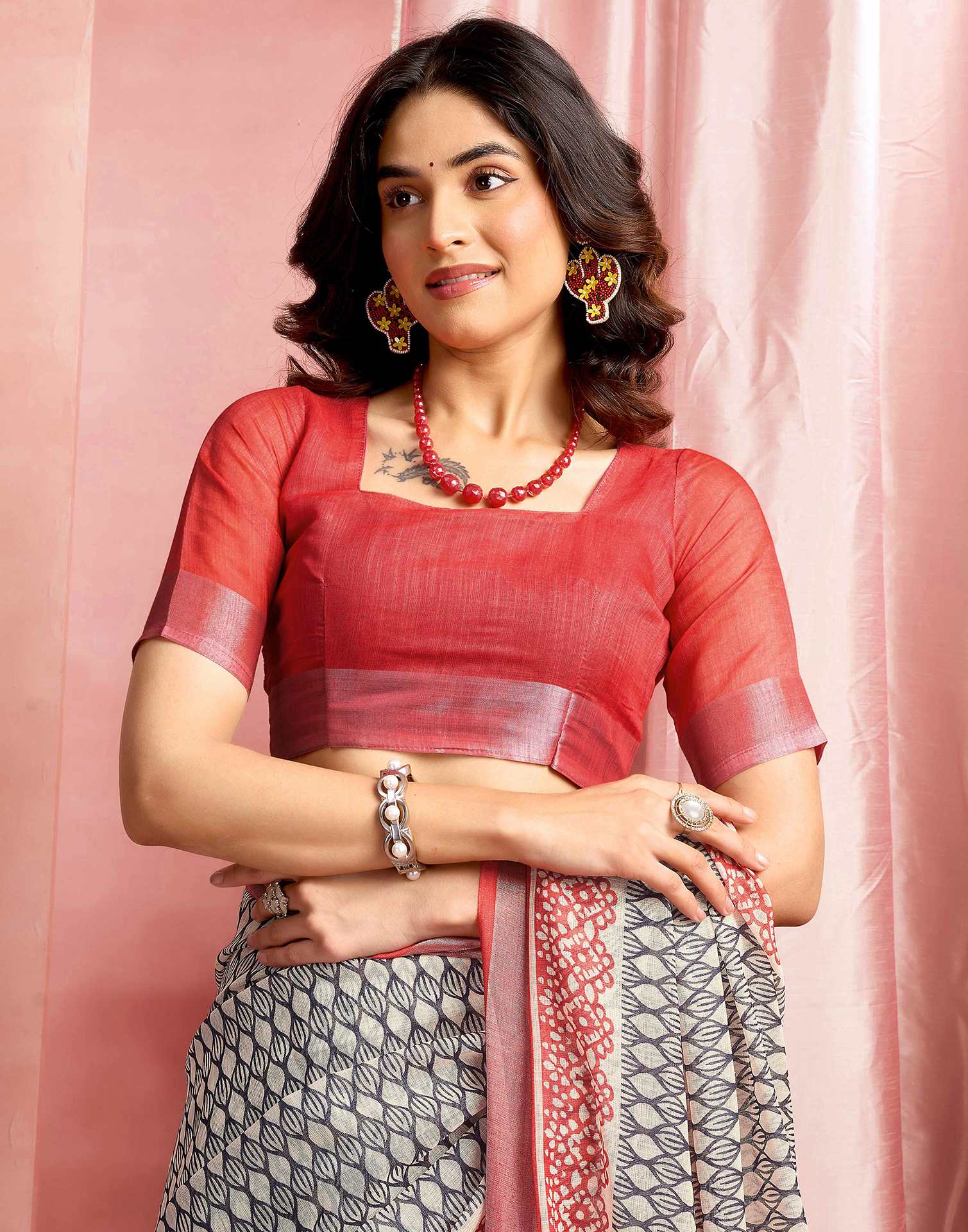 Beige Cotton Linen Printed Saree - Image 8