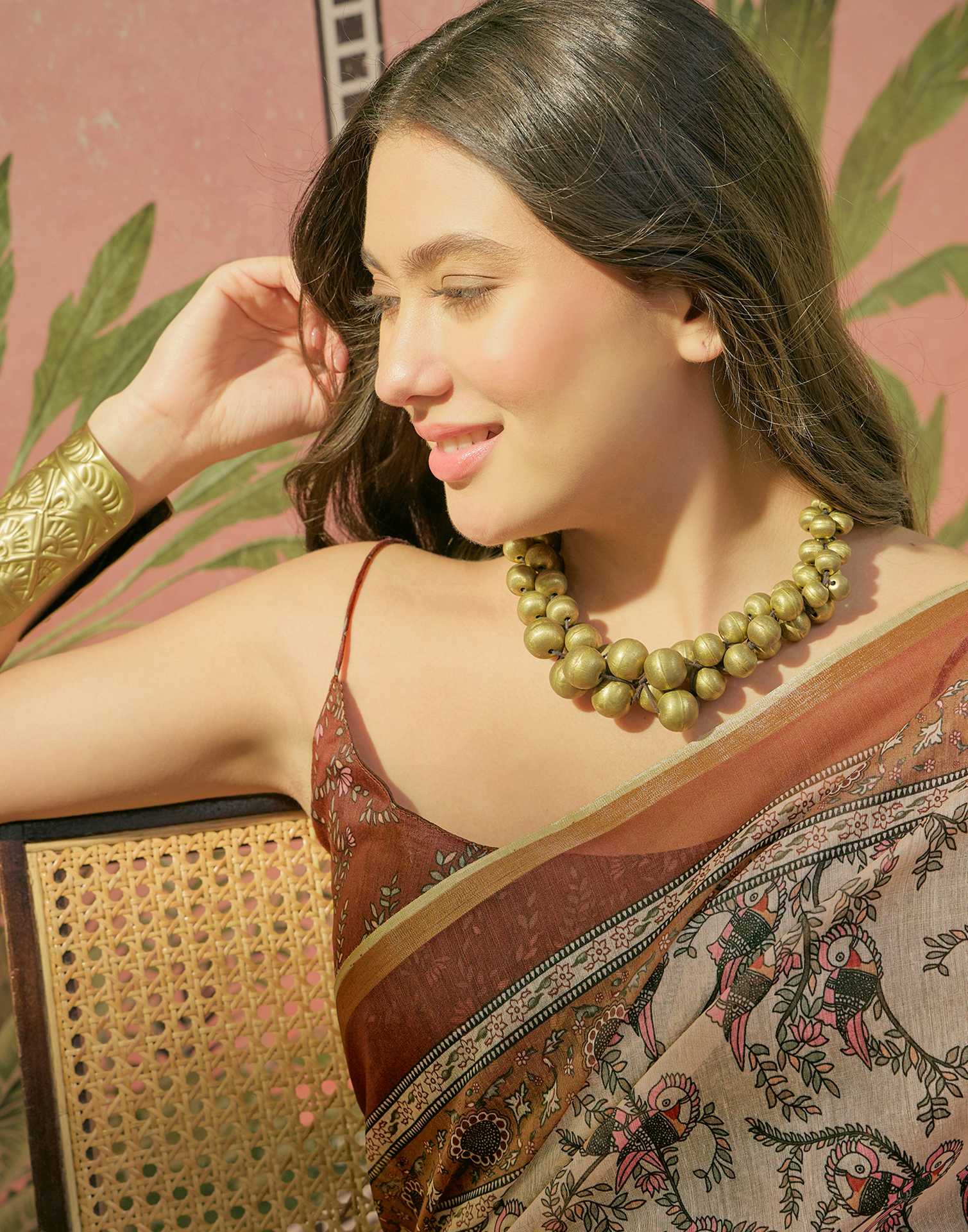 Beige Cotton Linen Printed Saree - Image 2