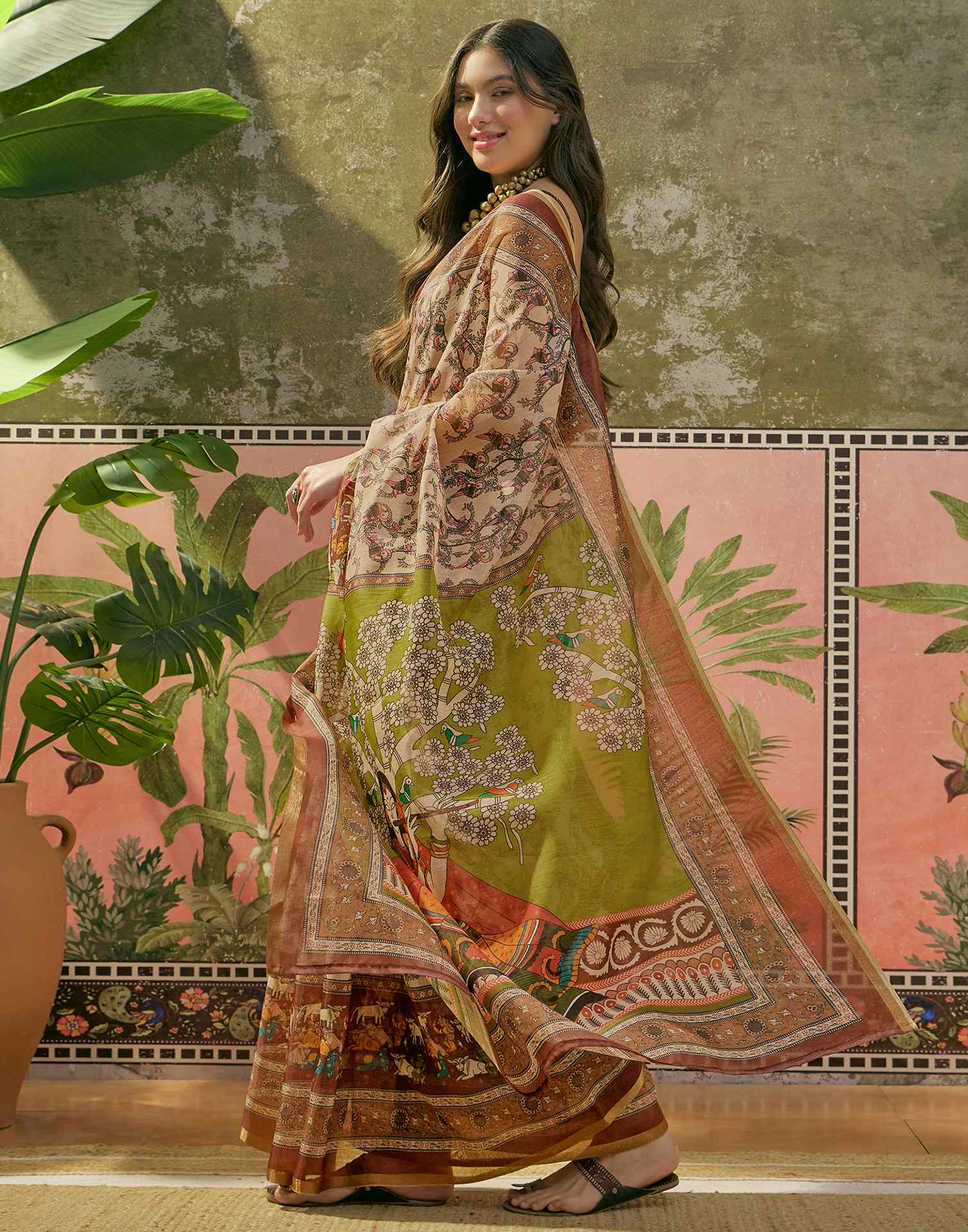 Beige Cotton Linen Printed Saree - Image 4