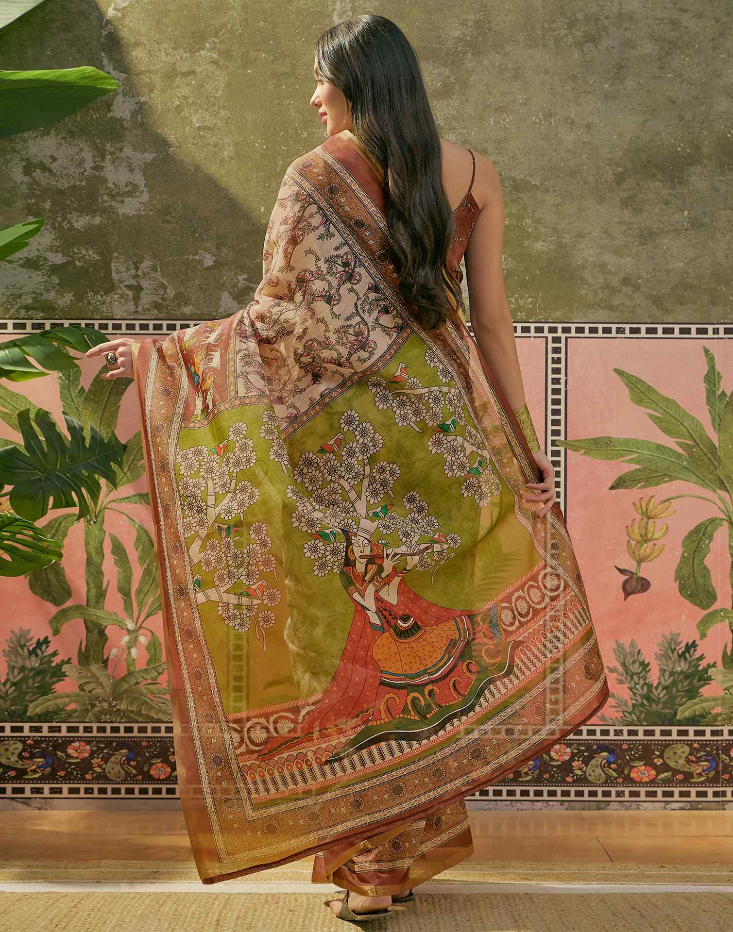 Beige Cotton Linen Printed Saree - Image 6