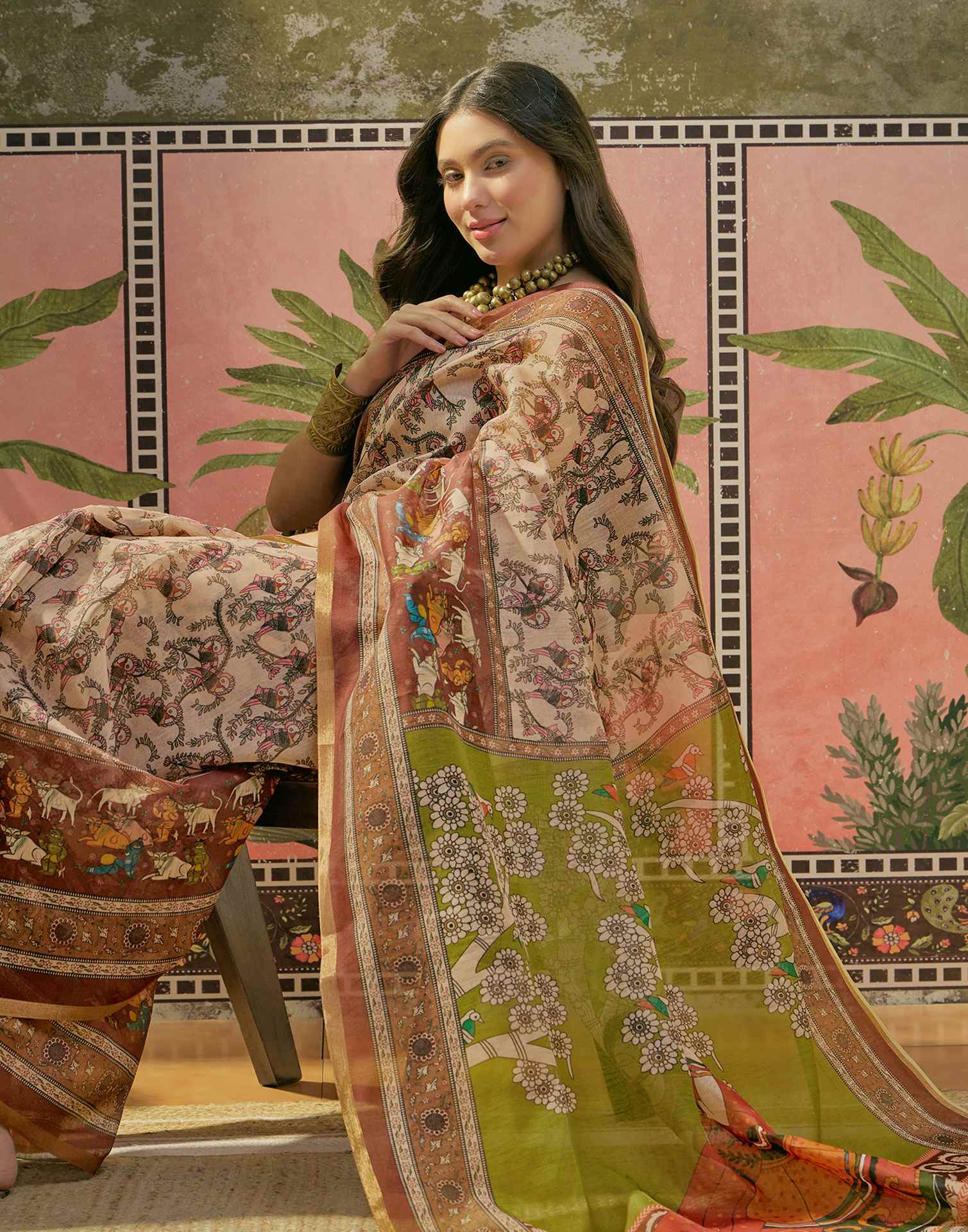 Beige Cotton Linen Printed Saree - Image 7