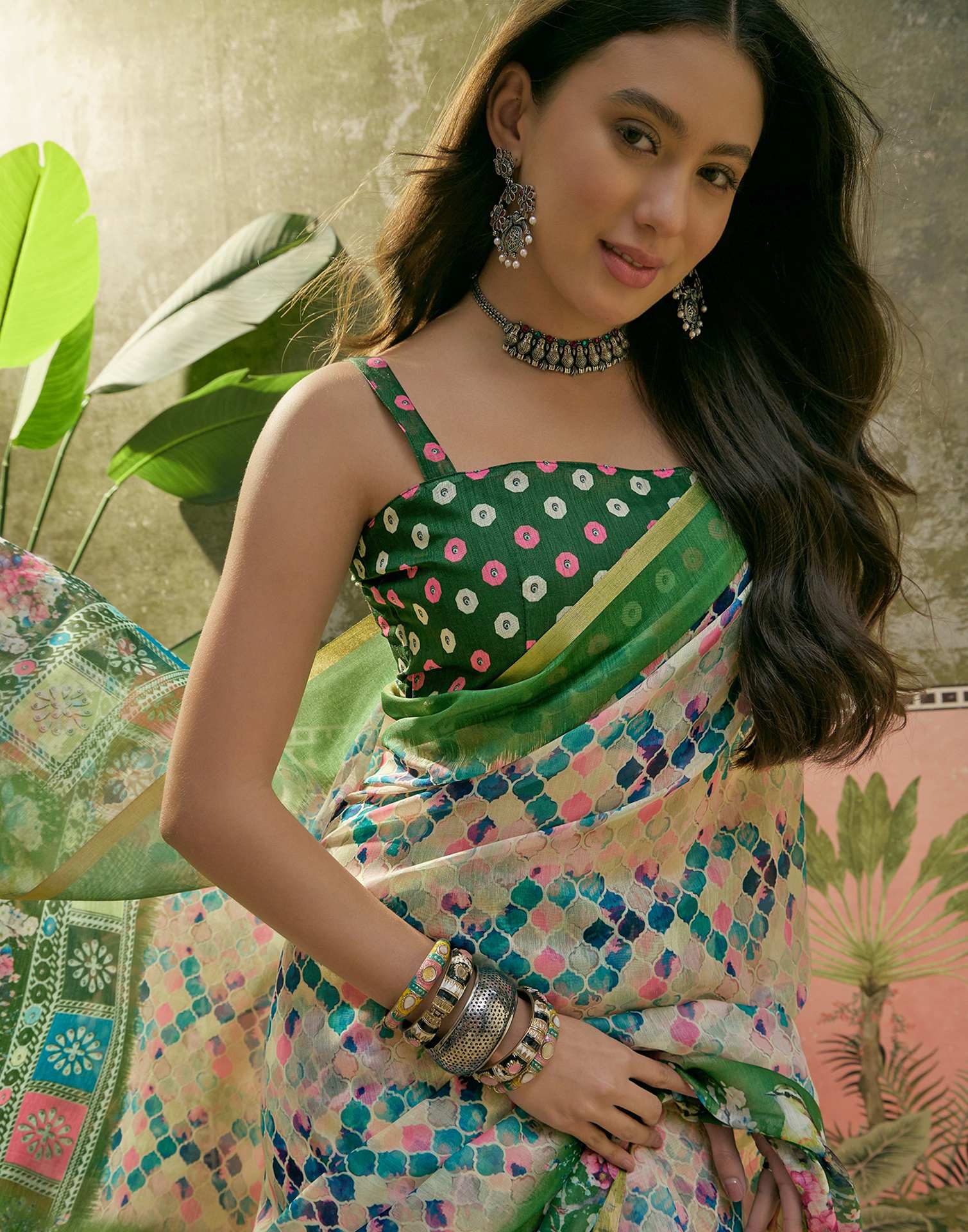 Beige Cotton Linen Printed Saree - Image 2