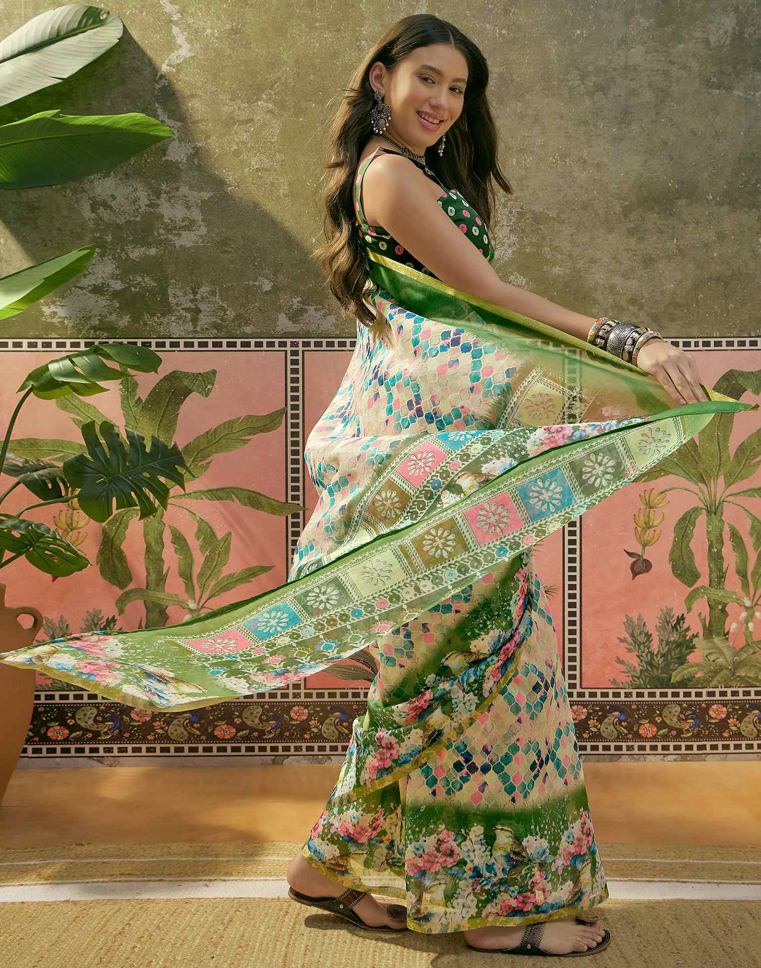 Beige Cotton Linen Printed Saree - Image 6
