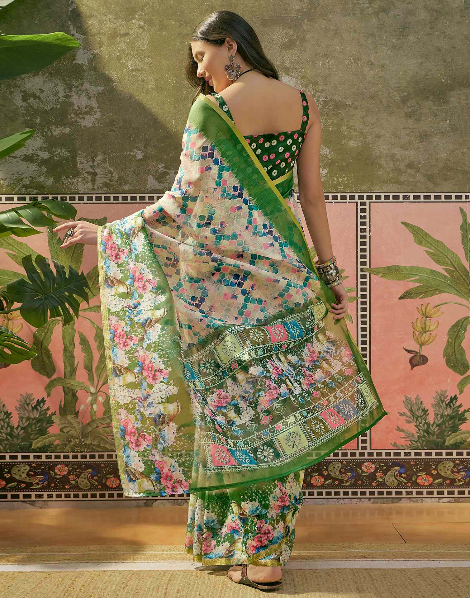 Beige Cotton Linen Printed Saree - Image 7