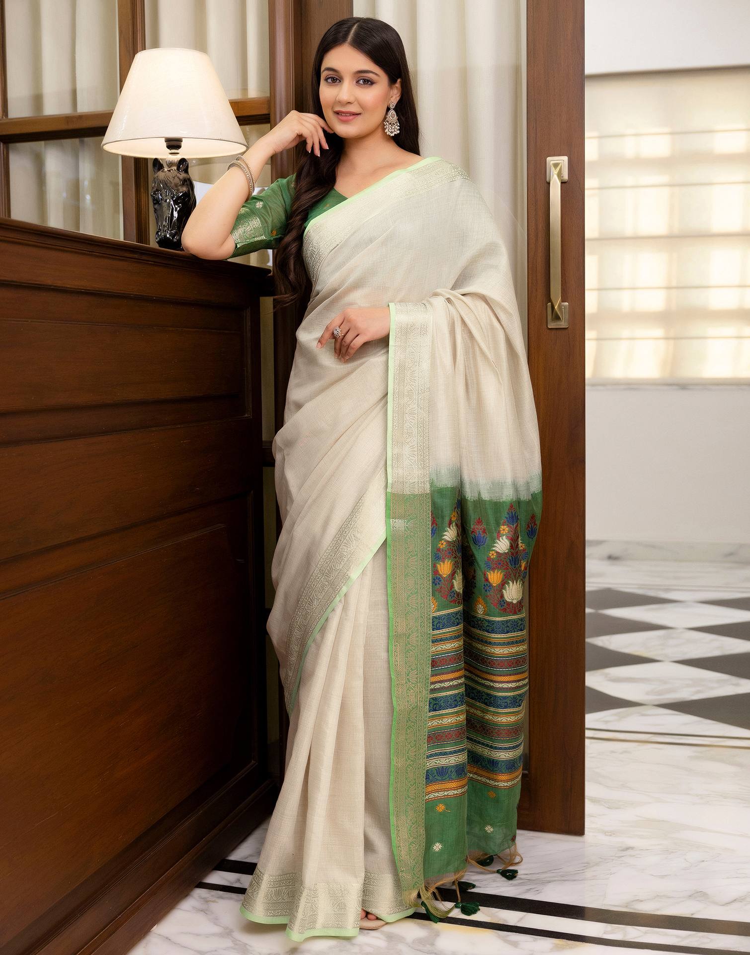 Beige Cotton Linen Woven Printed Saree