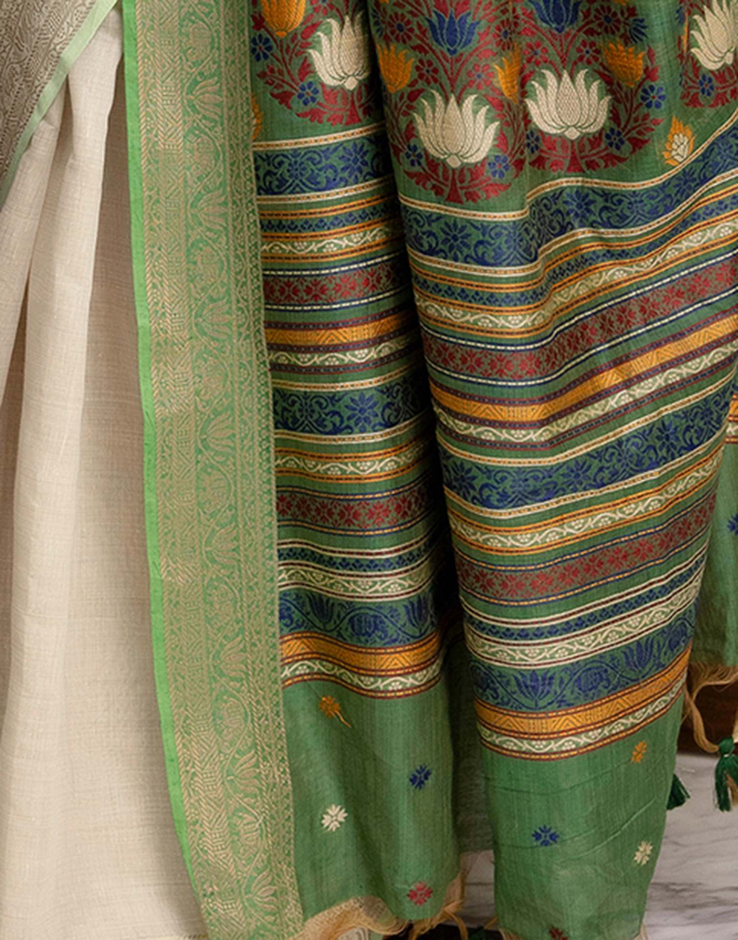 Beige Cotton Linen Woven Printed Saree - Image 11