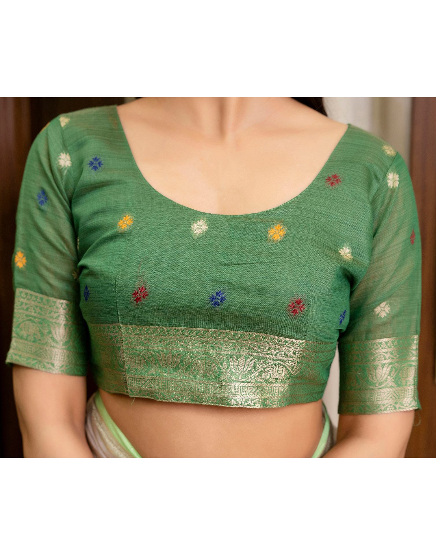 Beige Cotton Linen Woven Printed Saree - Image 12