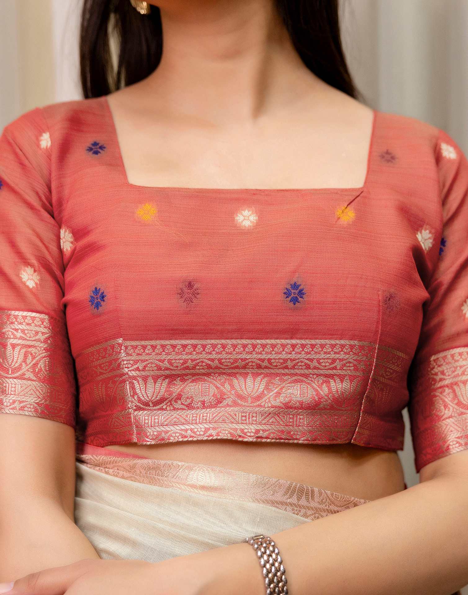 Beige Cotton Linen Woven Printed Saree - Image 11