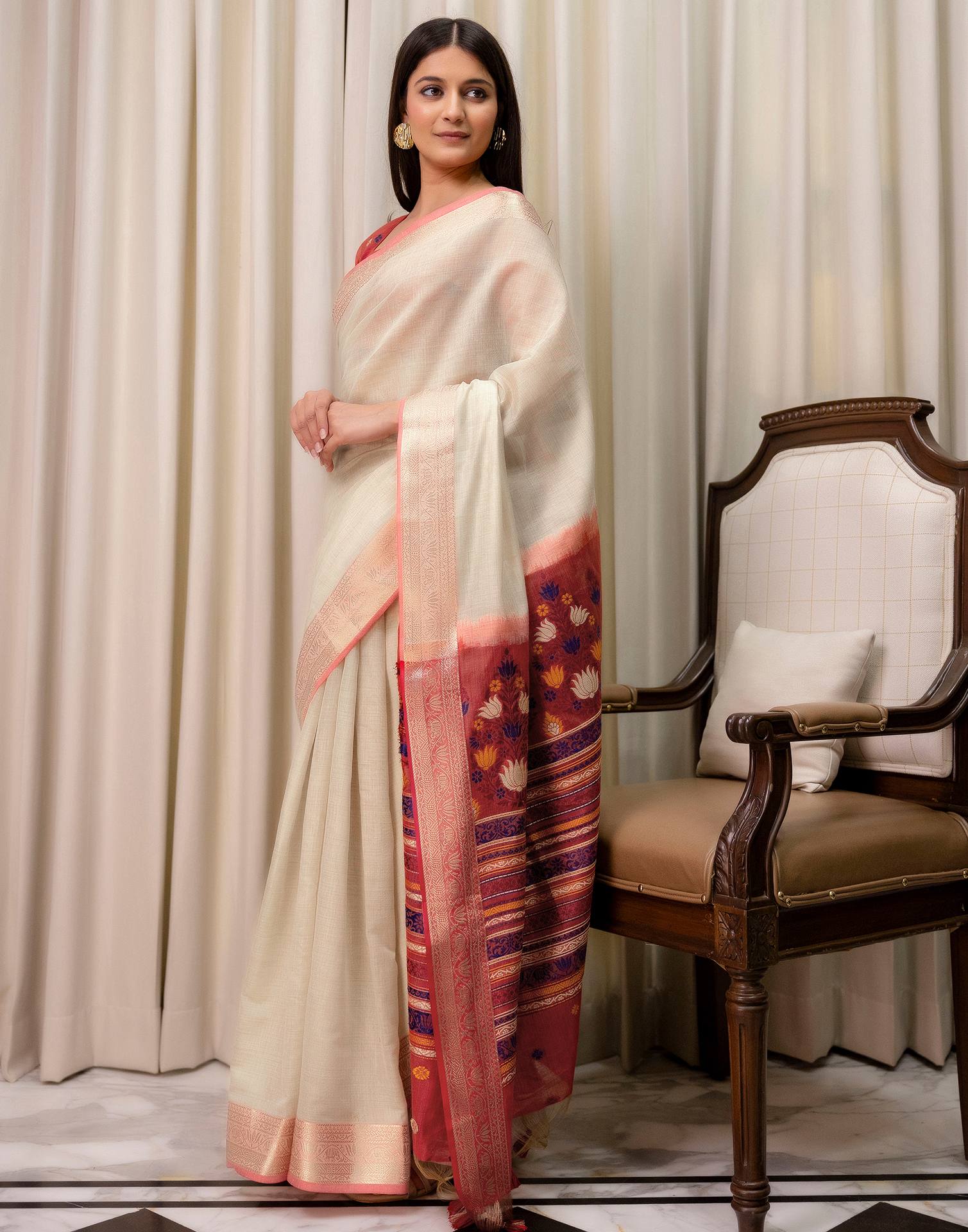 Beige Cotton Linen Woven Printed Saree - Image 5