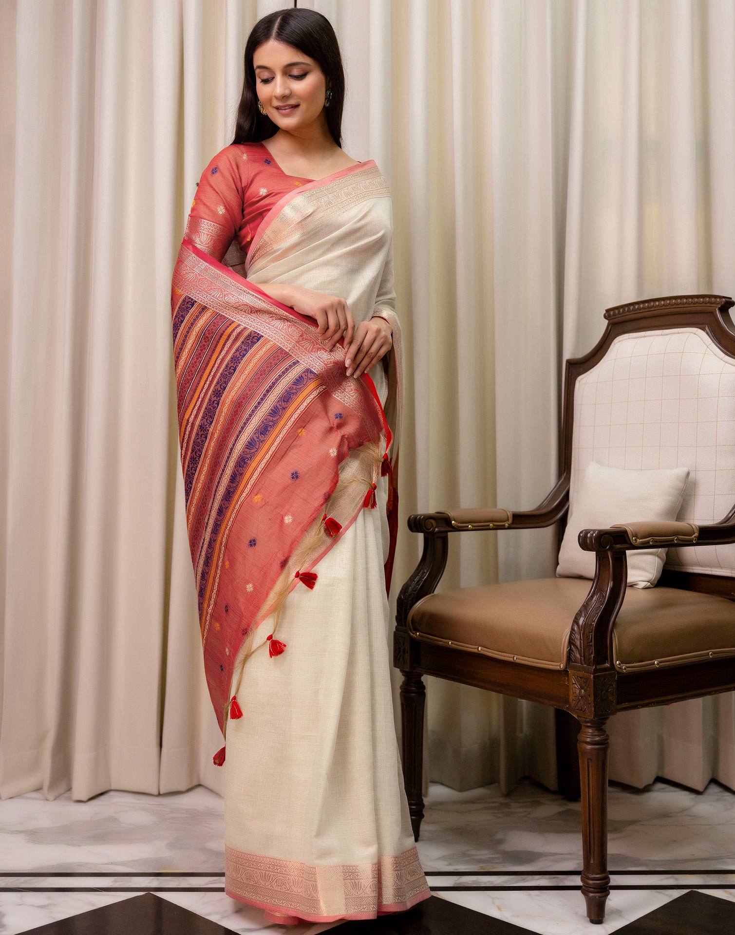 Beige Cotton Linen Woven Printed Saree - Image 6