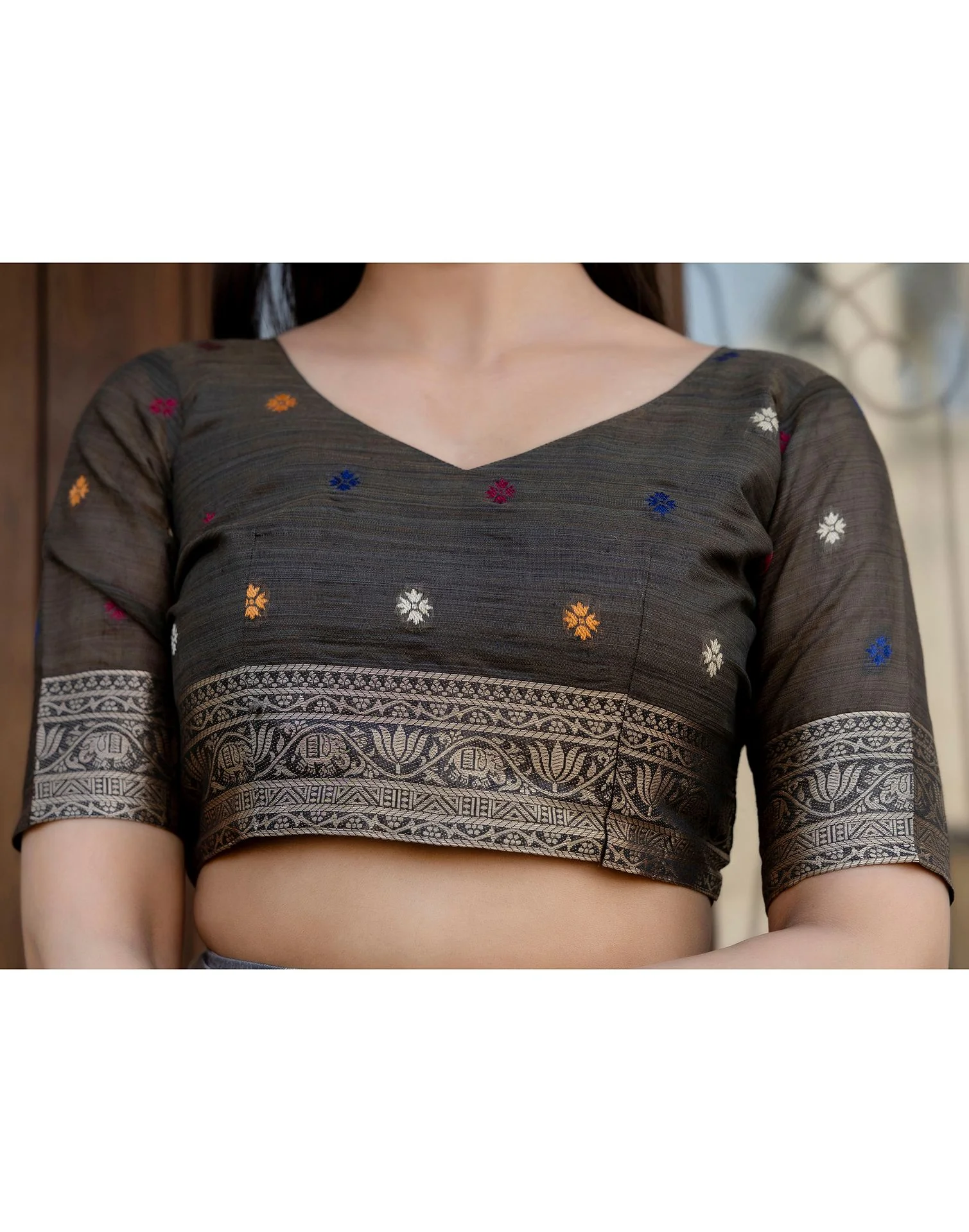 Beige Cotton Linen Woven Printed Saree - Image 11