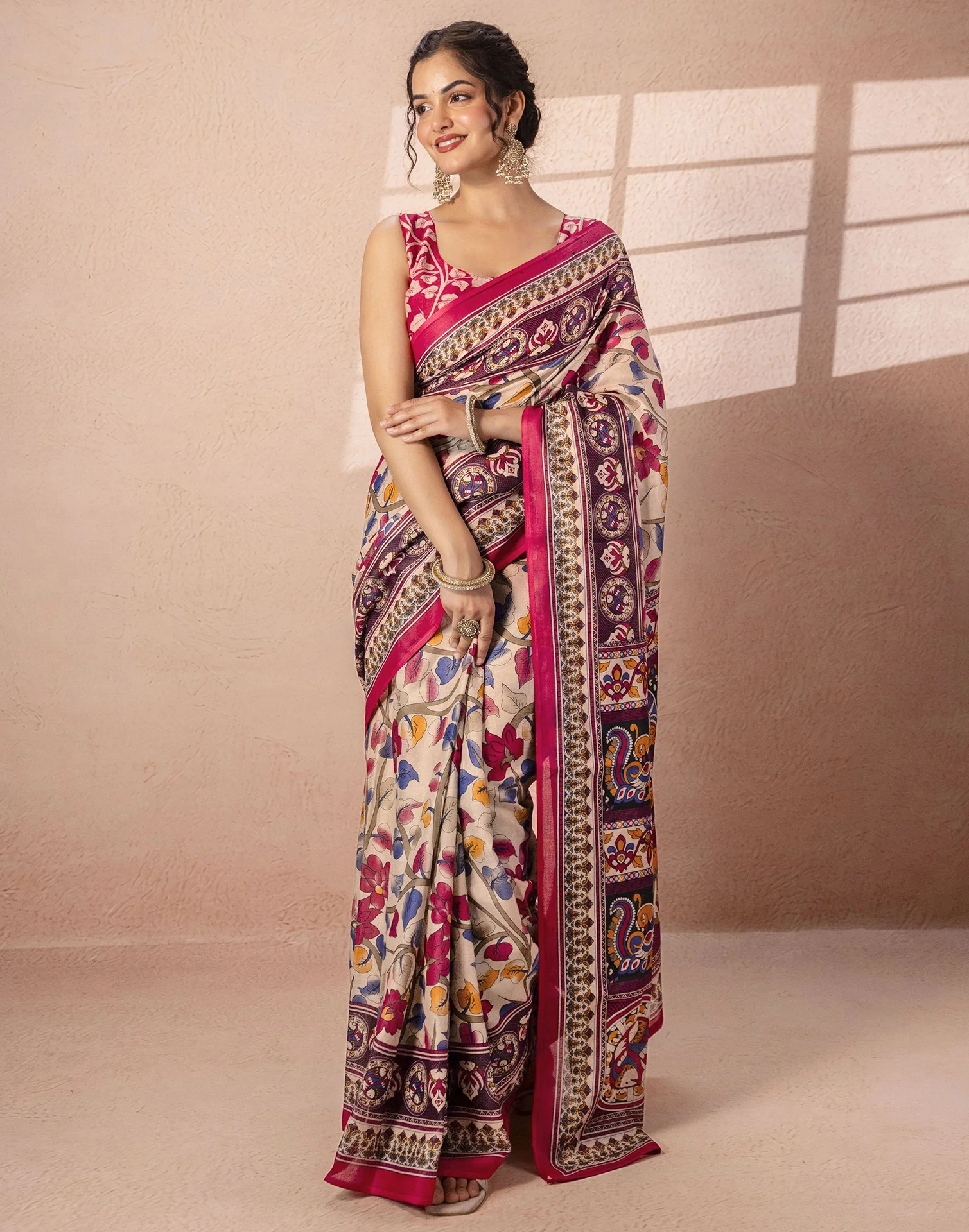 Beige Cotton Printed Kalamkari Saree