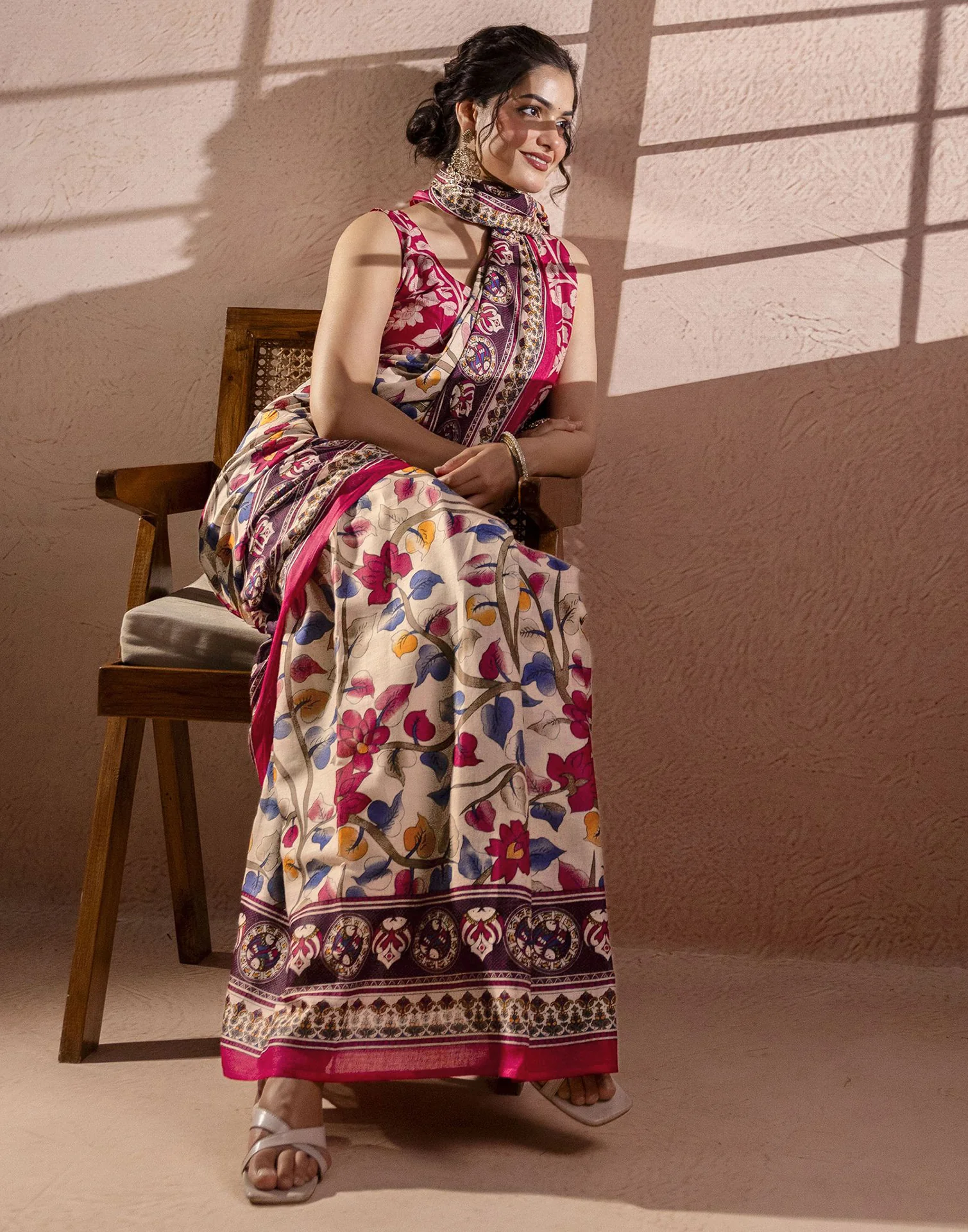 Beige Cotton Printed Kalamkari Saree - Image 10