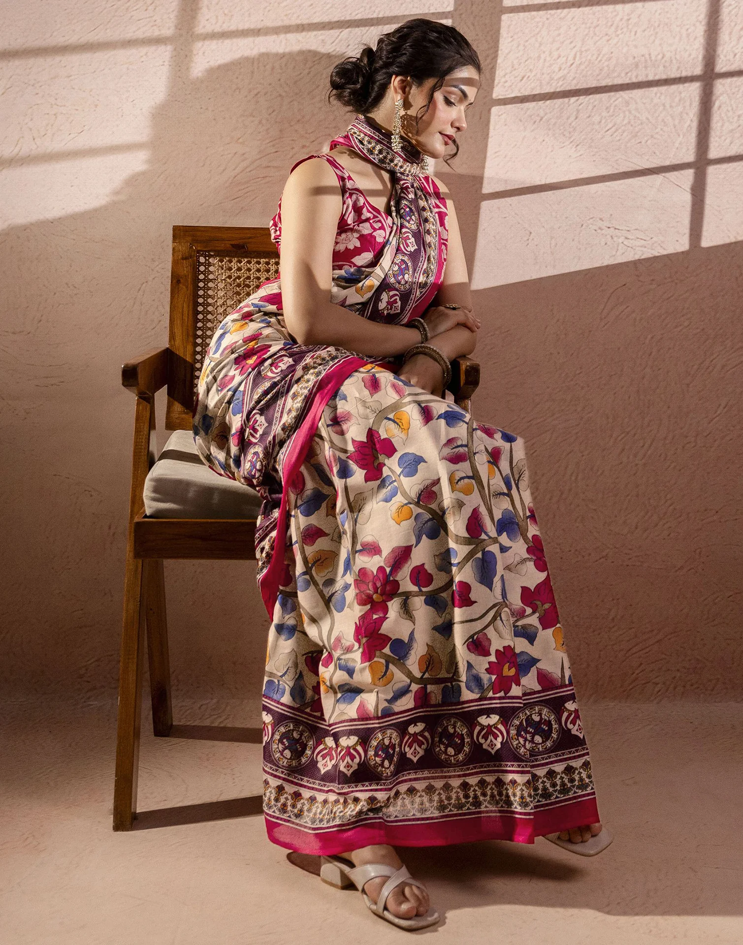Beige Cotton Printed Kalamkari Saree - Image 11