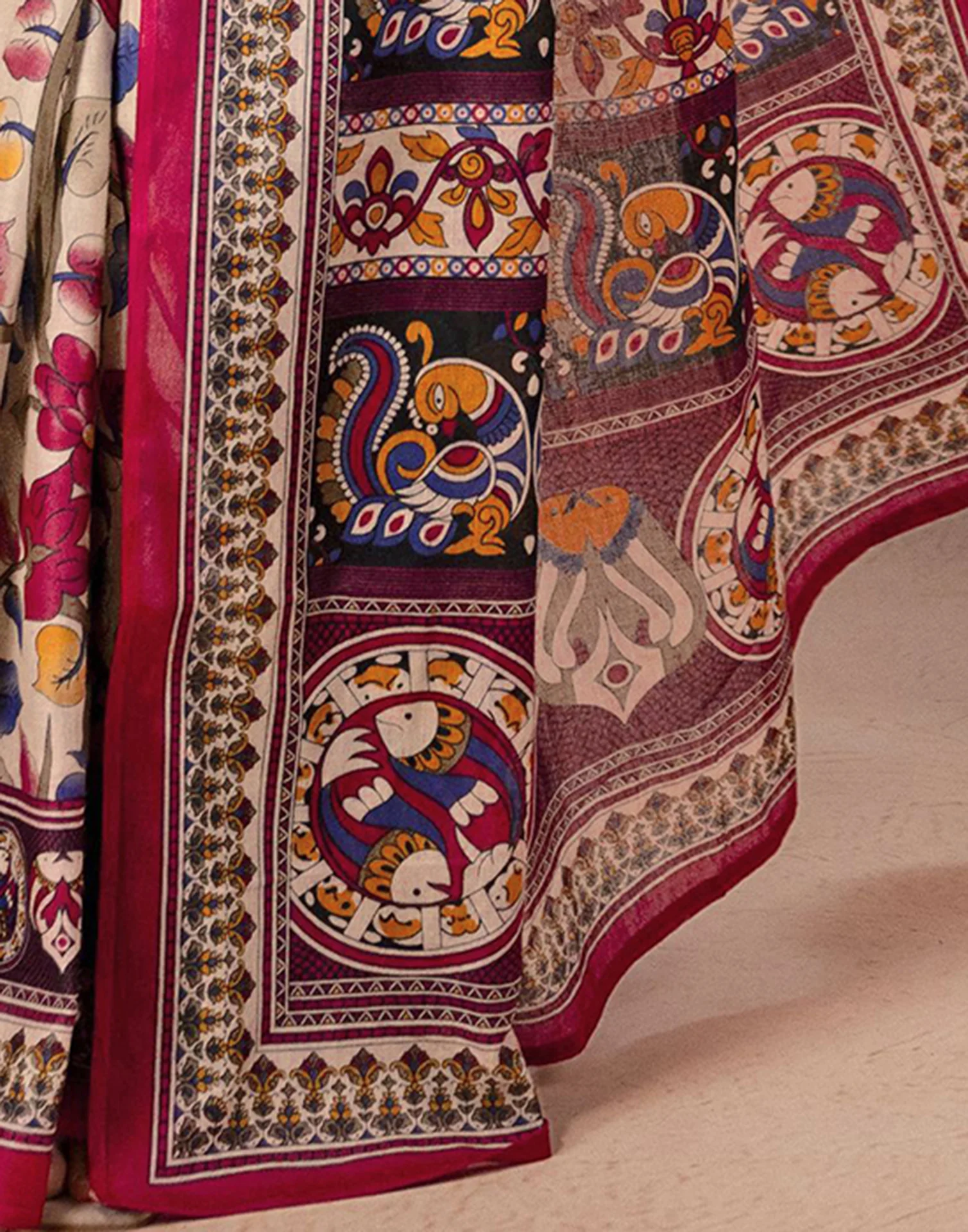 Beige Cotton Printed Kalamkari Saree - Image 14