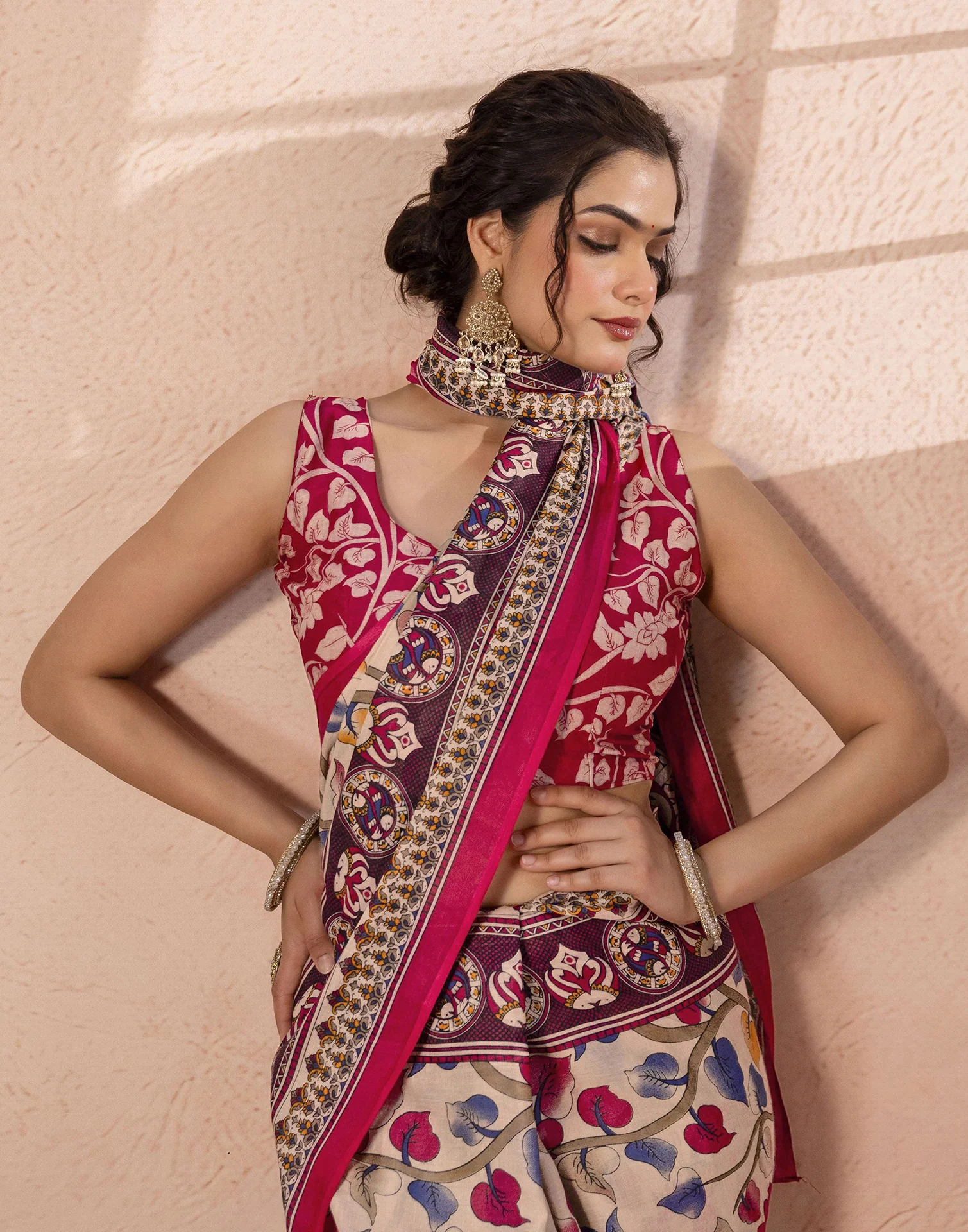 Beige Cotton Printed Kalamkari Saree - Image 4