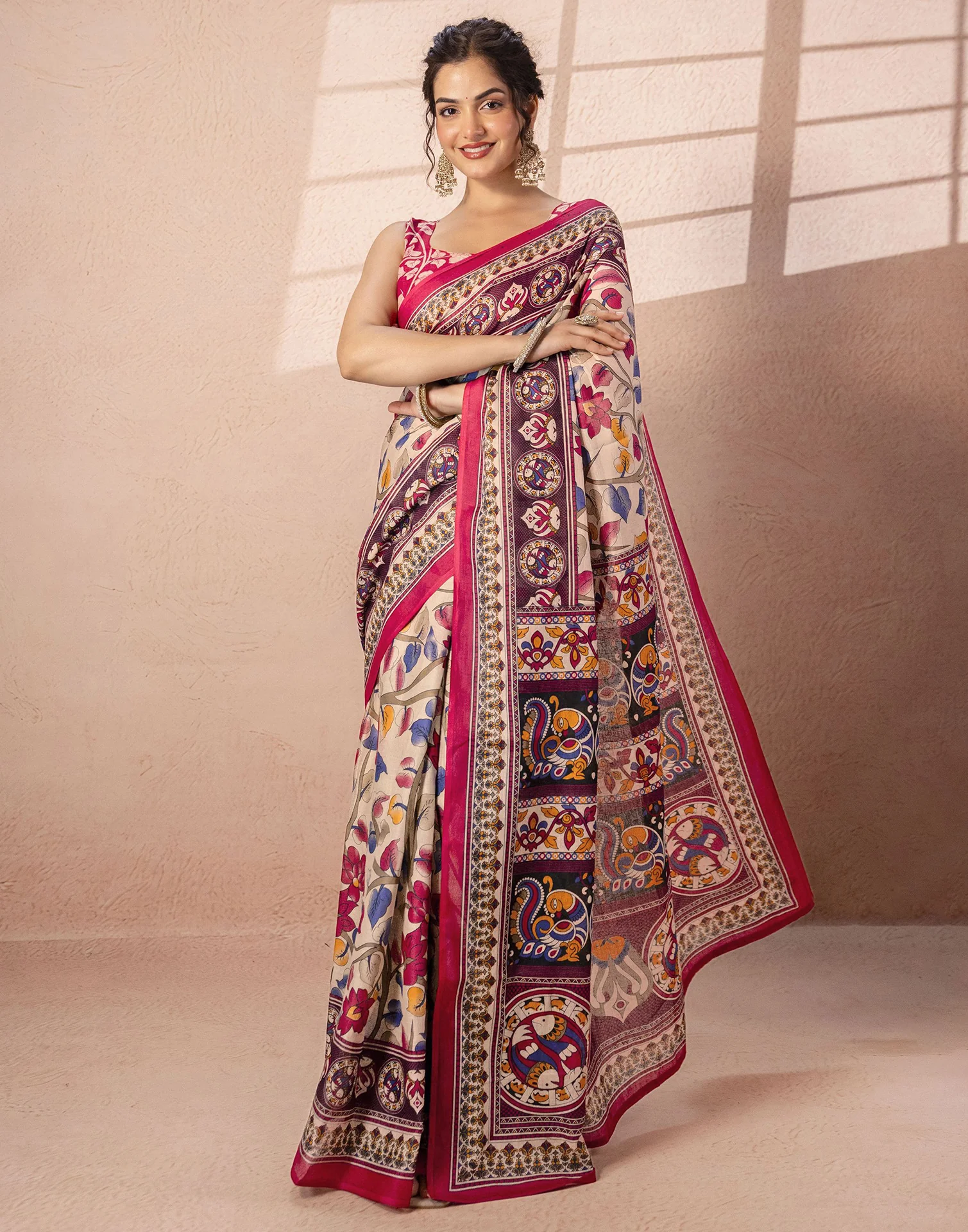 Beige Cotton Printed Kalamkari Saree - Image 5