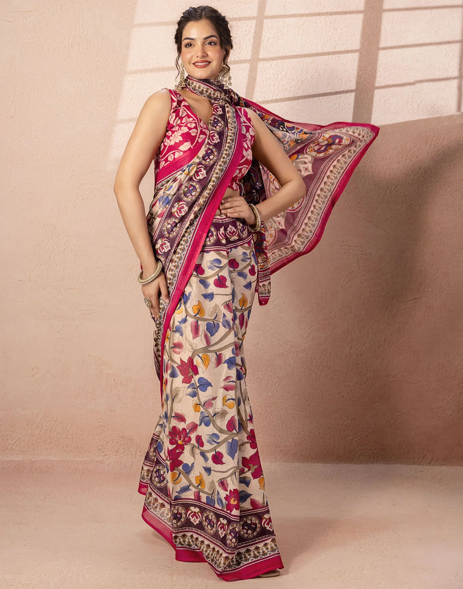 Beige Cotton Printed Kalamkari Saree - Image 8