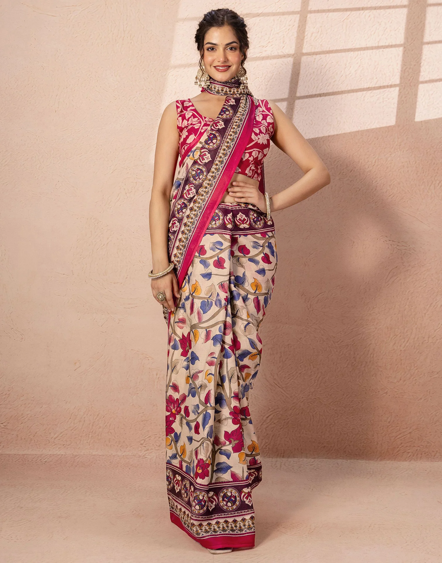 Beige Cotton Printed Kalamkari Saree - Image 9