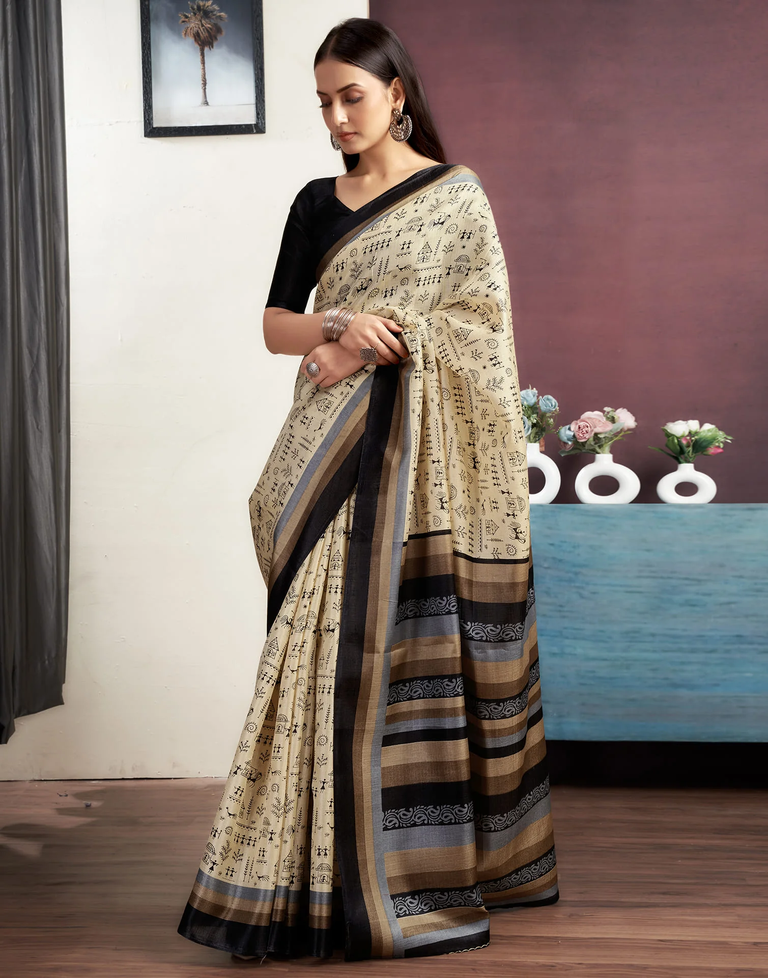 Beige Cotton Blend Printed Saree - Image 4