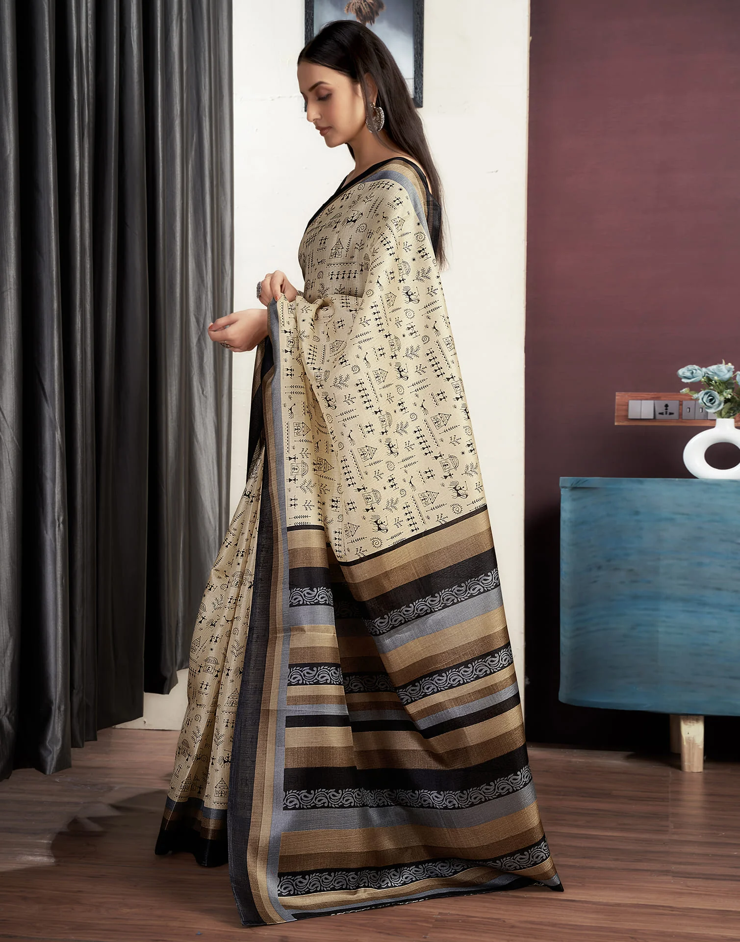 Beige Cotton Blend Printed Saree - Image 5