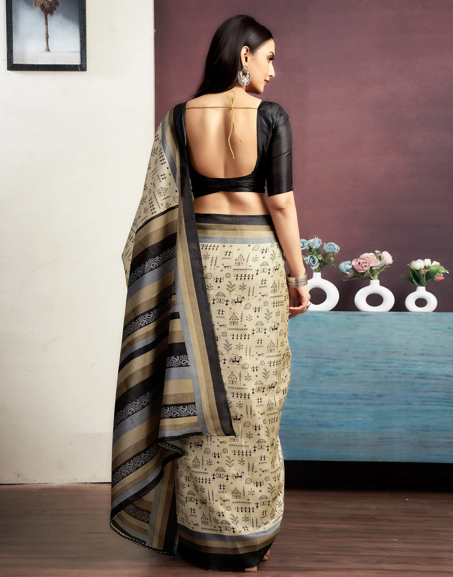 Beige Cotton Blend Printed Saree - Image 6