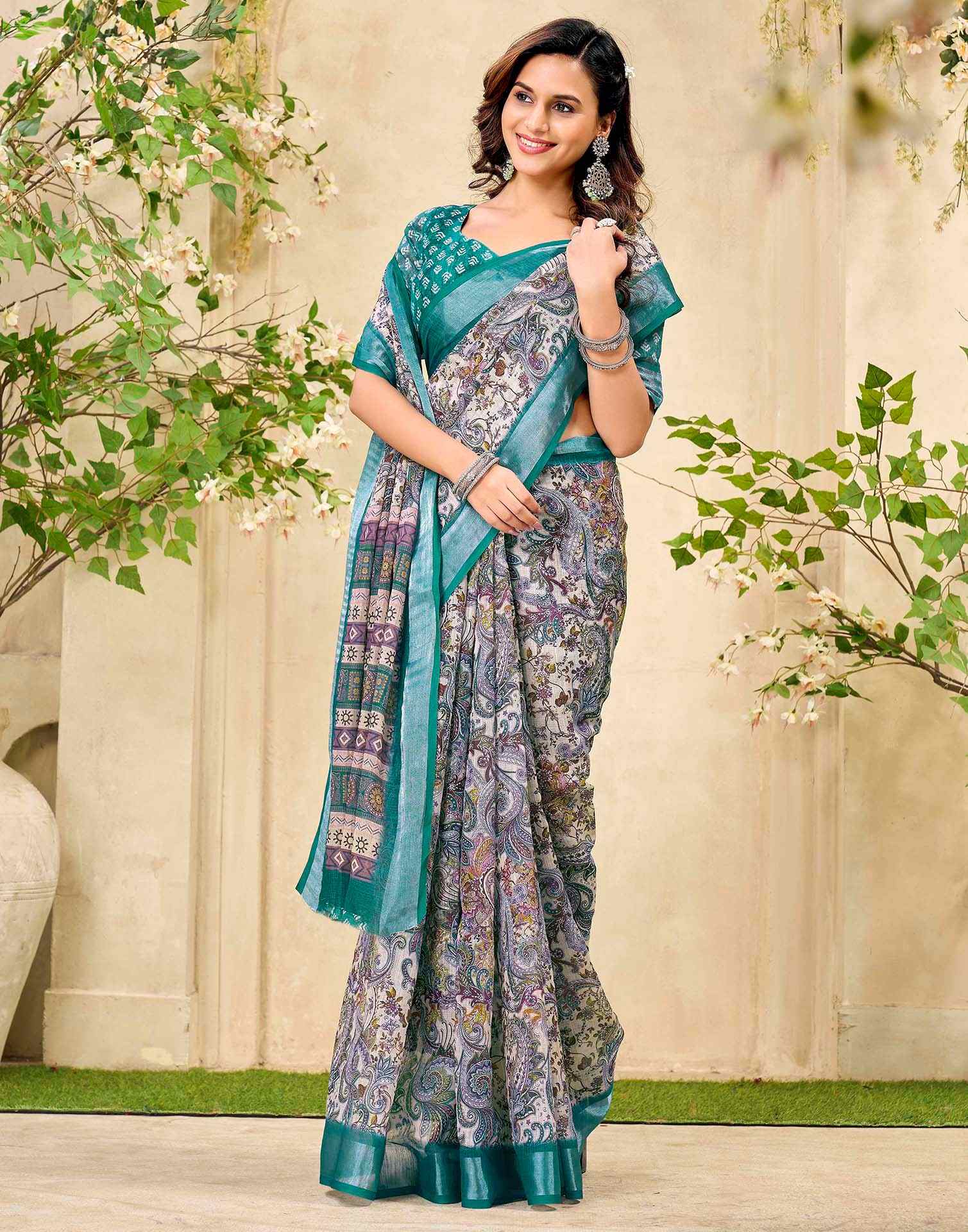 Beige Cotton Printed Saree - Image 5