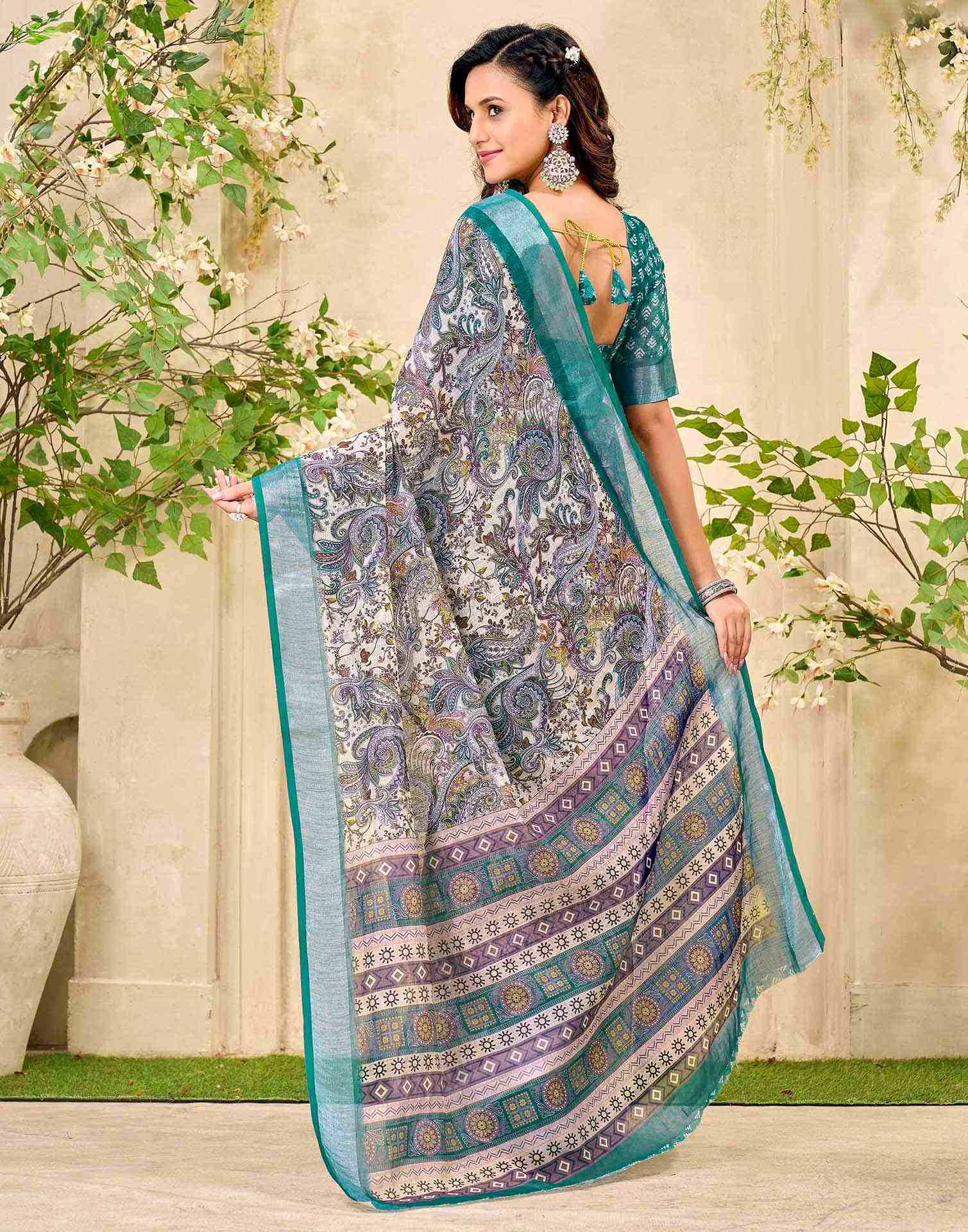 Beige Cotton Printed Saree - Image 6