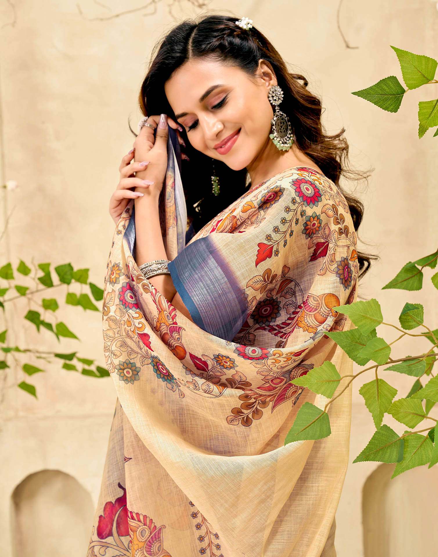 Beige Cotton Printed Saree - Image 2