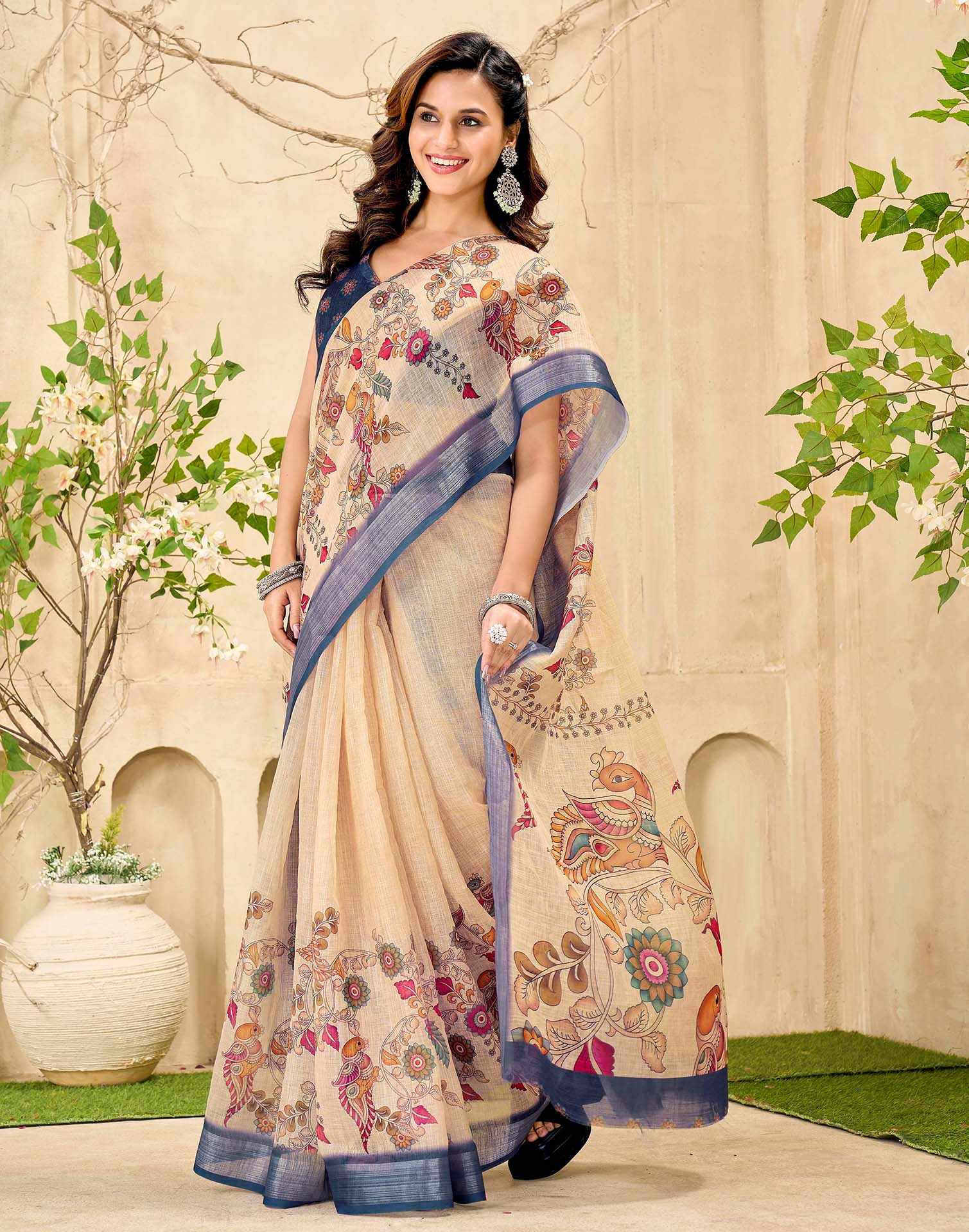 Beige Cotton Printed Saree - Image 4