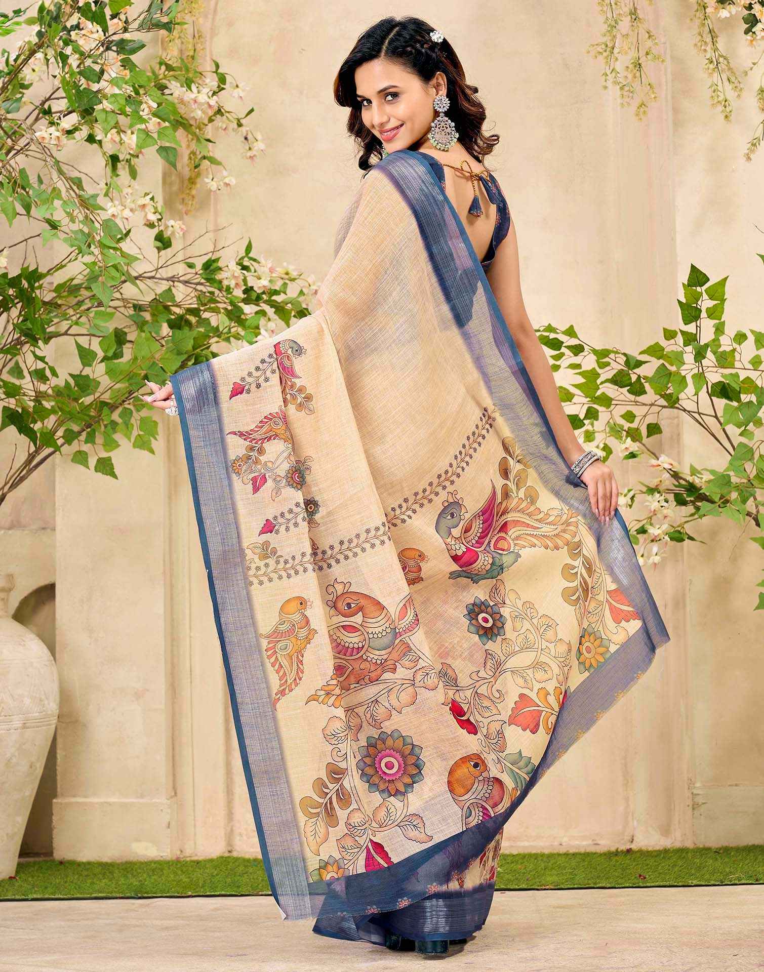 Beige Cotton Printed Saree - Image 5